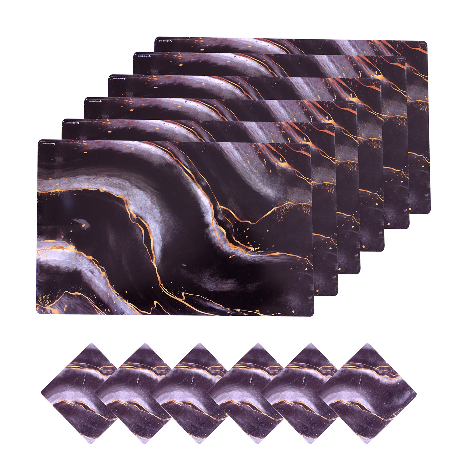 Kuber Industries Placemat | Table Placemats with Coasters | Table Placemats with Tea Coasters | Dining Table Placemats & Coasters Set | Diamond Marble | 12 Piece Set | Black