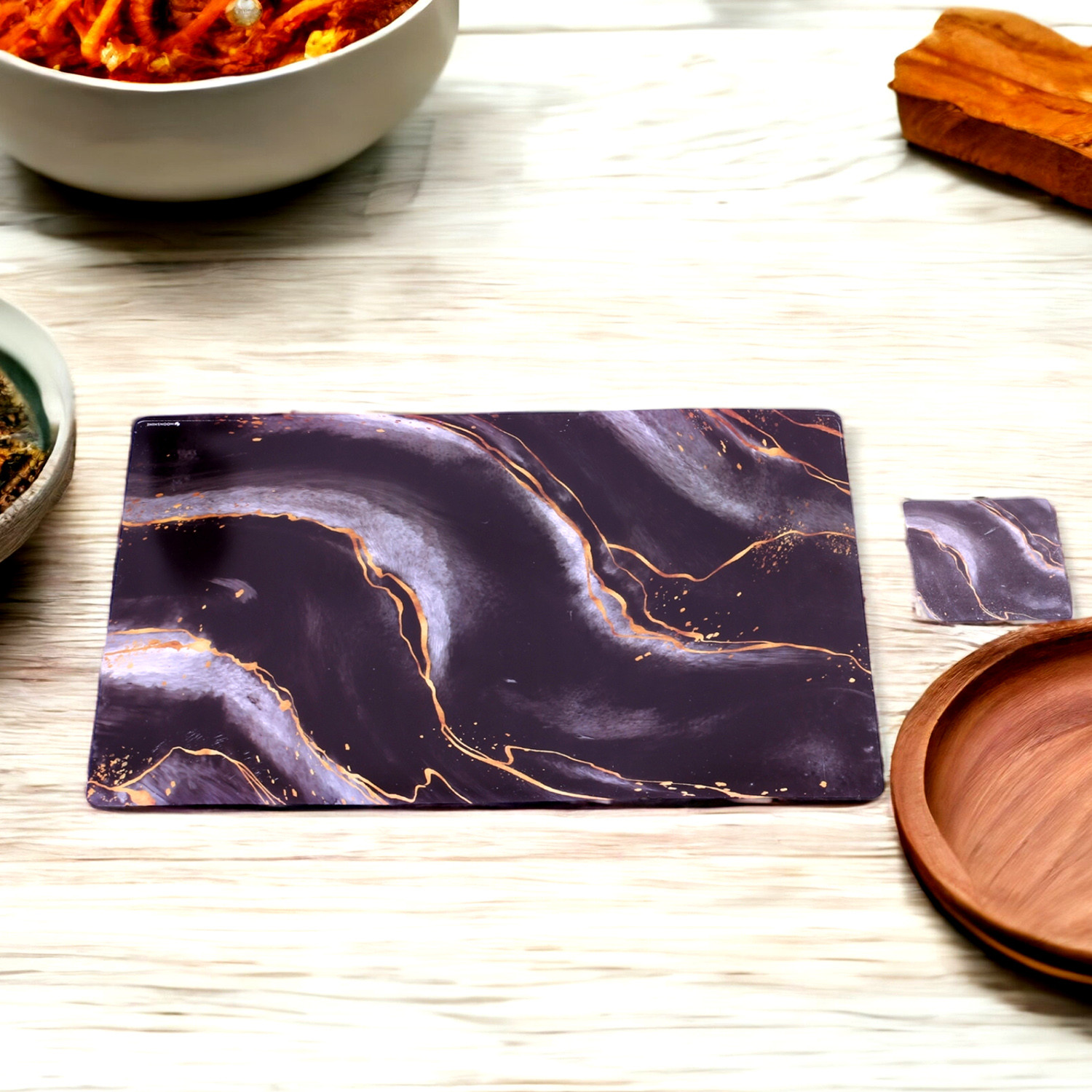 Kuber Industries Placemat | Table Placemats with Coasters | Table Placemats with Tea Coasters | Dining Table Placemats & Coasters Set | Diamond Marble | 12 Piece Set | Black