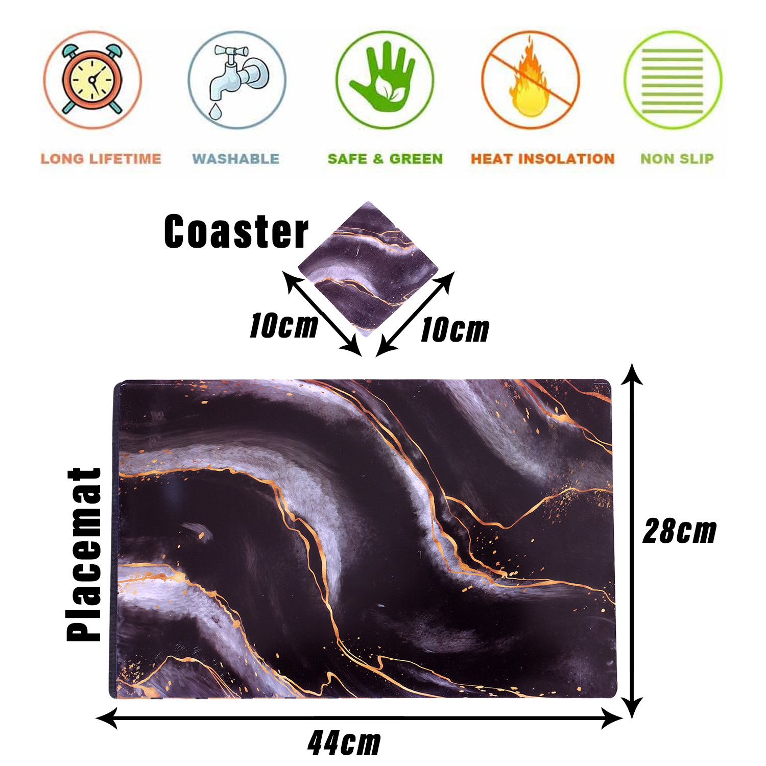 Kuber Industries Placemat | Table Placemats with Coasters | Table Placemats with Tea Coasters | Dining Table Placemats & Coasters Set | Diamond Marble | 12 Piece Set | Black