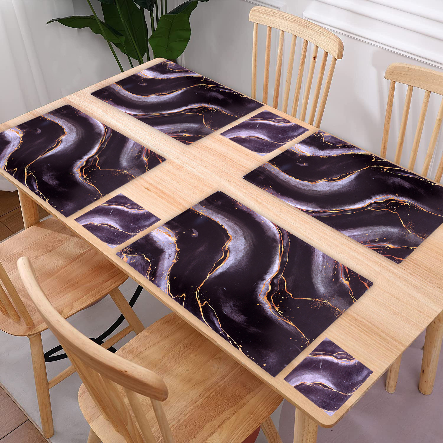 Kuber Industries Placemat | Table Placemats with Coasters | Table Placemats with Tea Coasters | Dining Table Placemats & Coasters Set | Diamond Marble | 12 Piece Set | Black