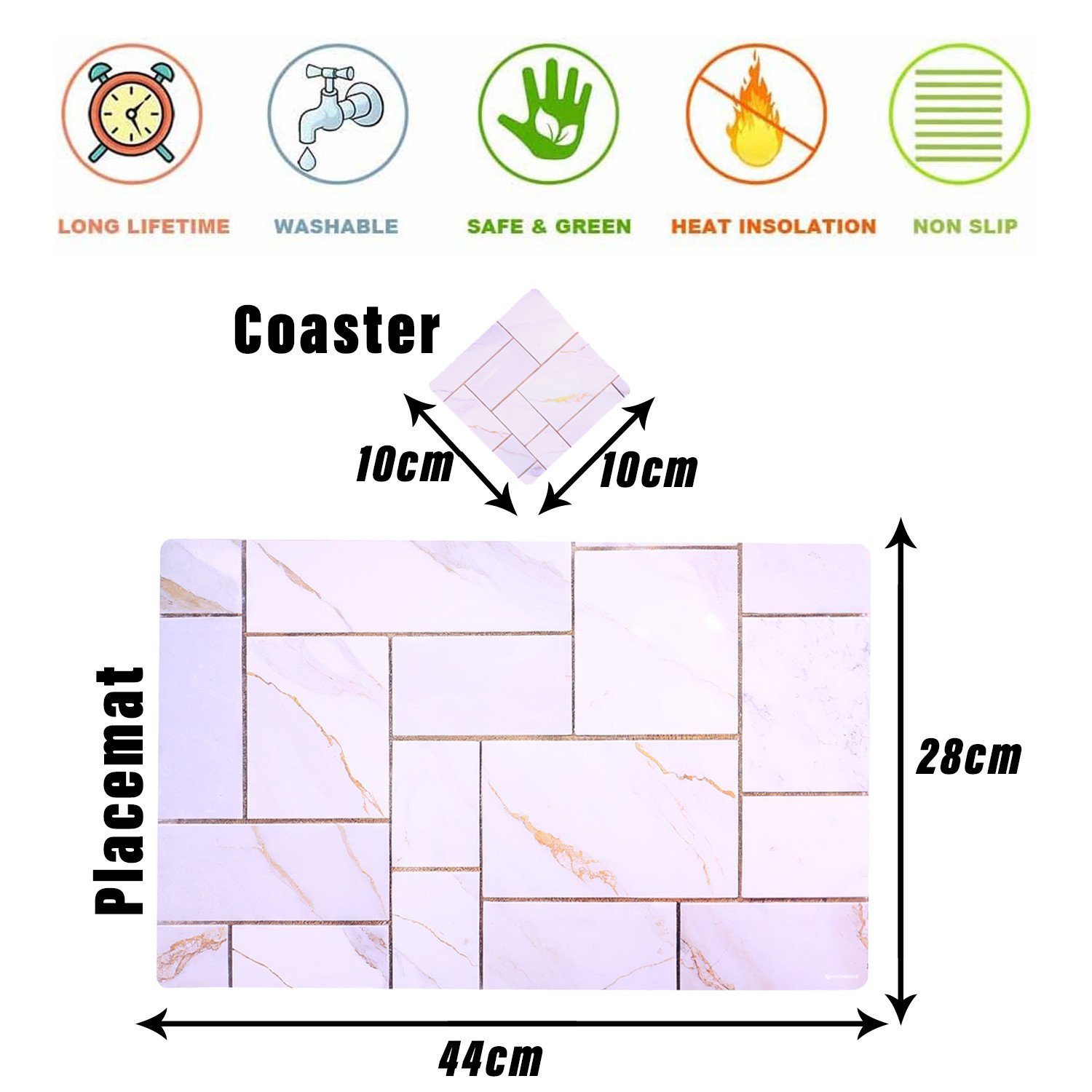 Kuber Industries Placemat | Table Placemats with Coasters | Table Placemats with Tea Coasters | Dining Table Placemats & Coasters Set | Check Marble | 12 Piece Set | Core White