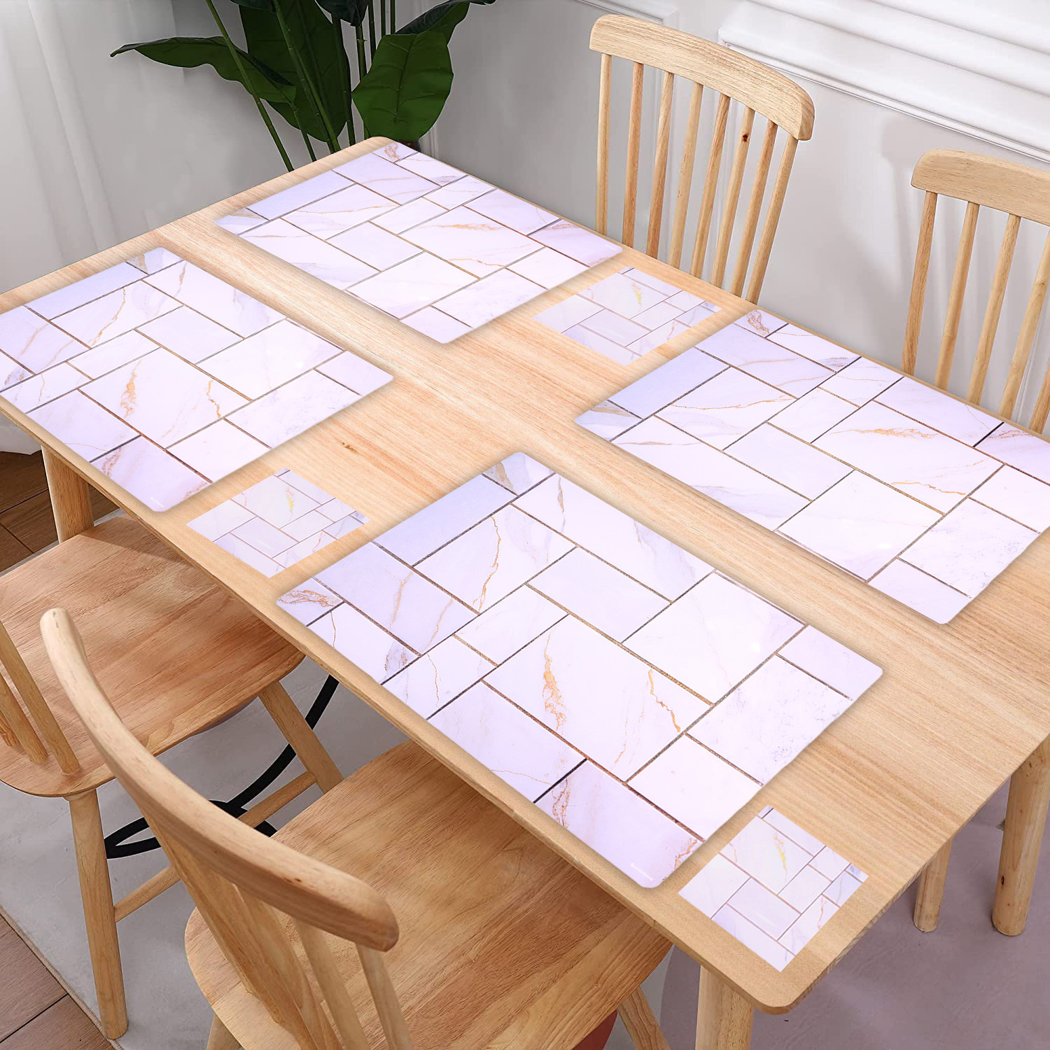 Kuber Industries Placemat | Table Placemats with Coasters | Table Placemats with Tea Coasters | Dining Table Placemats & Coasters Set | Check Marble | 12 Piece Set | Core White