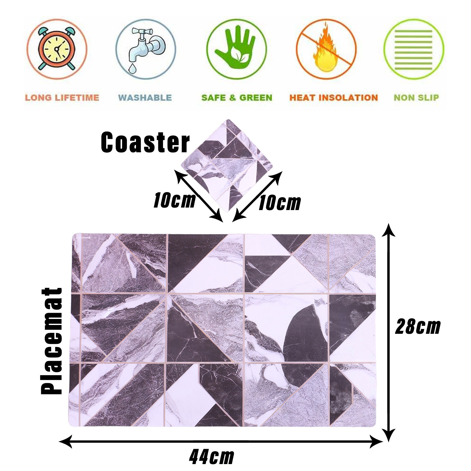 Kuber Industries Placemat | Table Placemats with Coasters | Table Placemats with Tea Coasters | Dining Table Placemats & Coasters Set | Check Marble | 12 Piece Set | Black & White