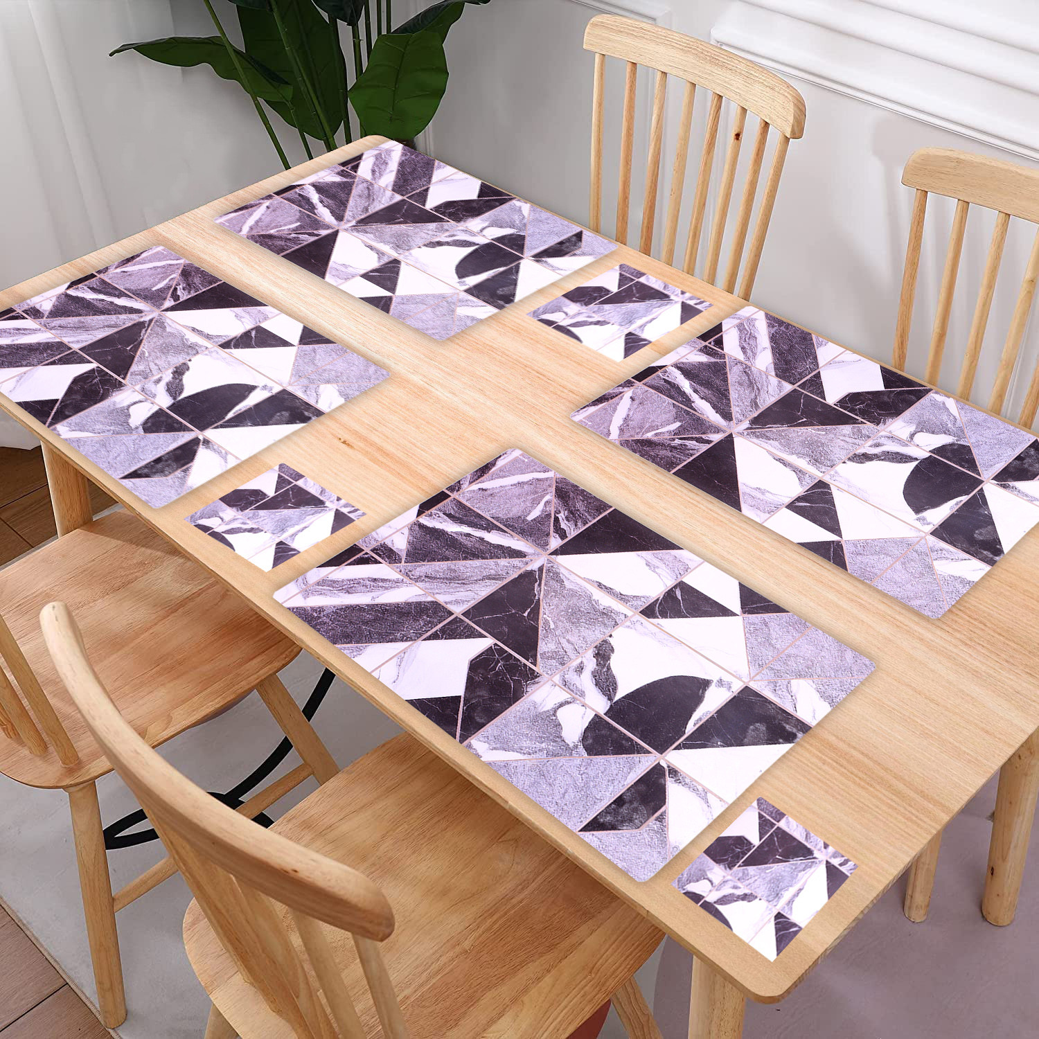 Kuber Industries Placemat | Table Placemats with Coasters | Table Placemats with Tea Coasters | Dining Table Placemats & Coasters Set | Check Marble | 12 Piece Set | Black & White
