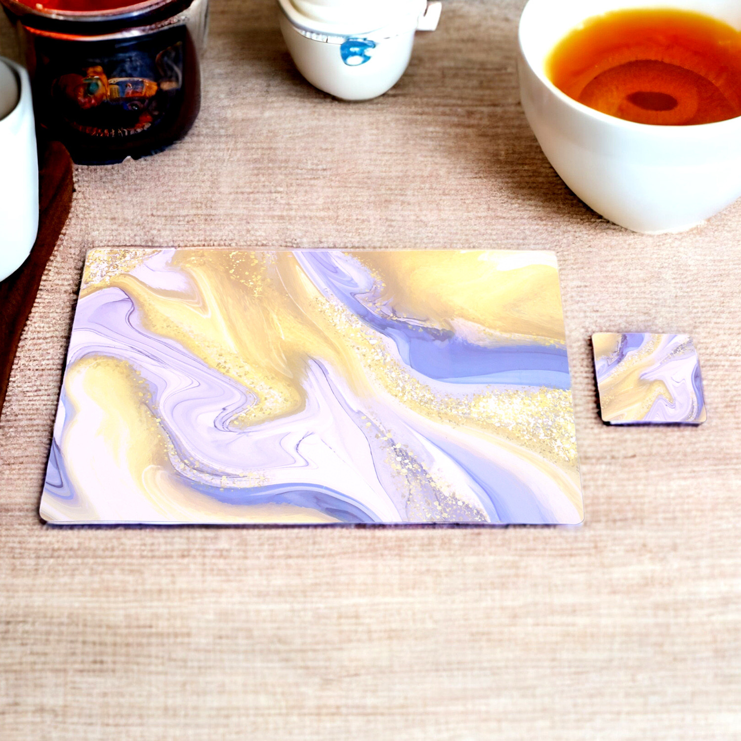 Kuber Industries Placemat | Table Placemats with Coasters | Table Placemats with Tea Coasters | Dining Table Placemats & Coasters Set | Pale Marble | 12 Piece Set | Yellow