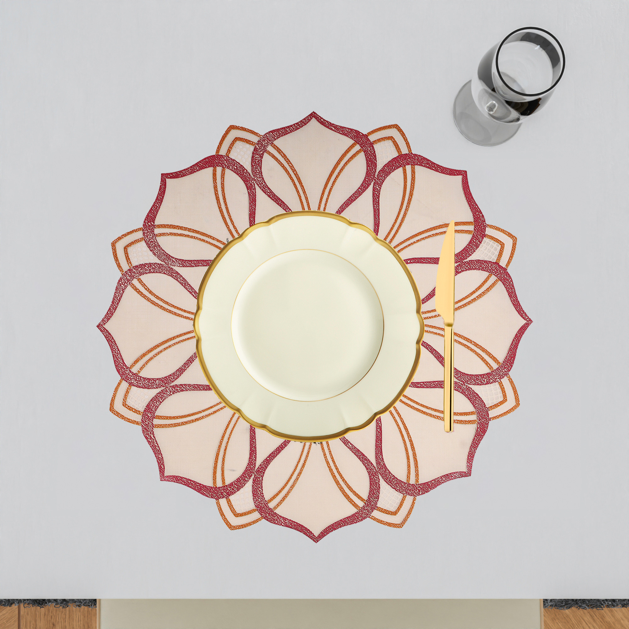Kuber Industries Placemats | Placemats for Dining Table | Placemats for Kitchen | Table Placemats | Table Runner Mat | Multi Leaf Round Placemats | Dinner Mat | 6 Piece Set | Golden