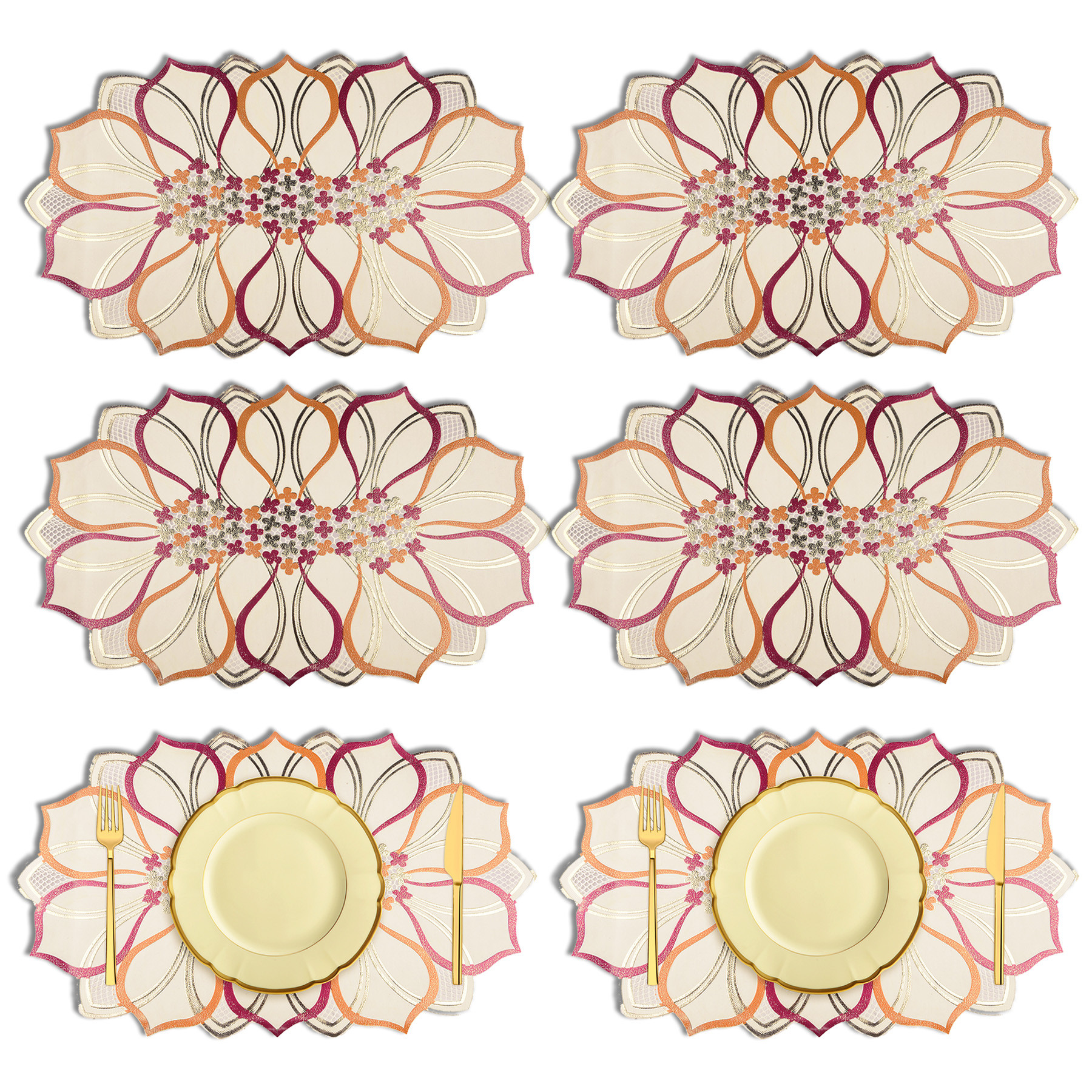 Kuber Industries Placemats | Placemats for Dining Table | Placemats for Kitchen | Table Placemats | Table Runner Mat | Multi Leaf Placemats | Dinner Mat | 6 Piece Set | Golden