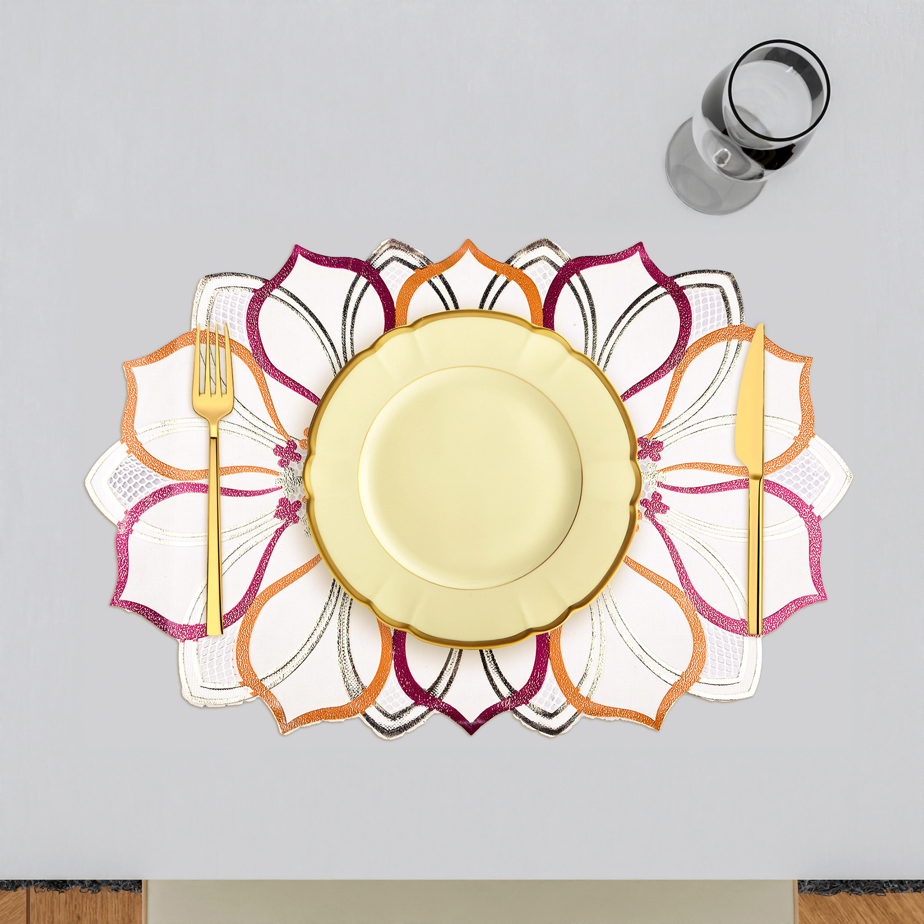 Kuber Industries Placemats | Placemats for Dining Table | Placemats for Kitchen | Table Placemats | Table Runner Mat | Multi Leaf Placemats | Dinner Mat | 6 Piece Set | Golden