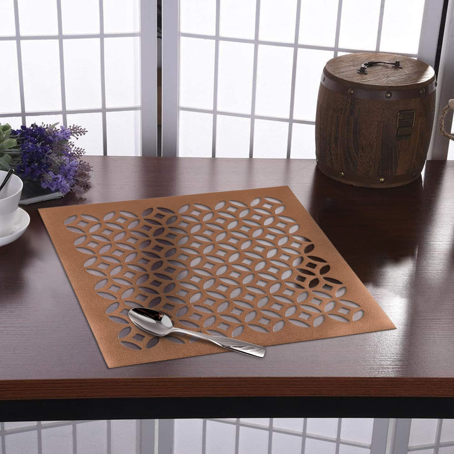 Kuber Industries Placemats for Dining Table|Arccircle Pattern Table Placemats for Kitchen|PVC Heat Resistant Table Placemats 12x12 Inch|Set of 6 (Copper)