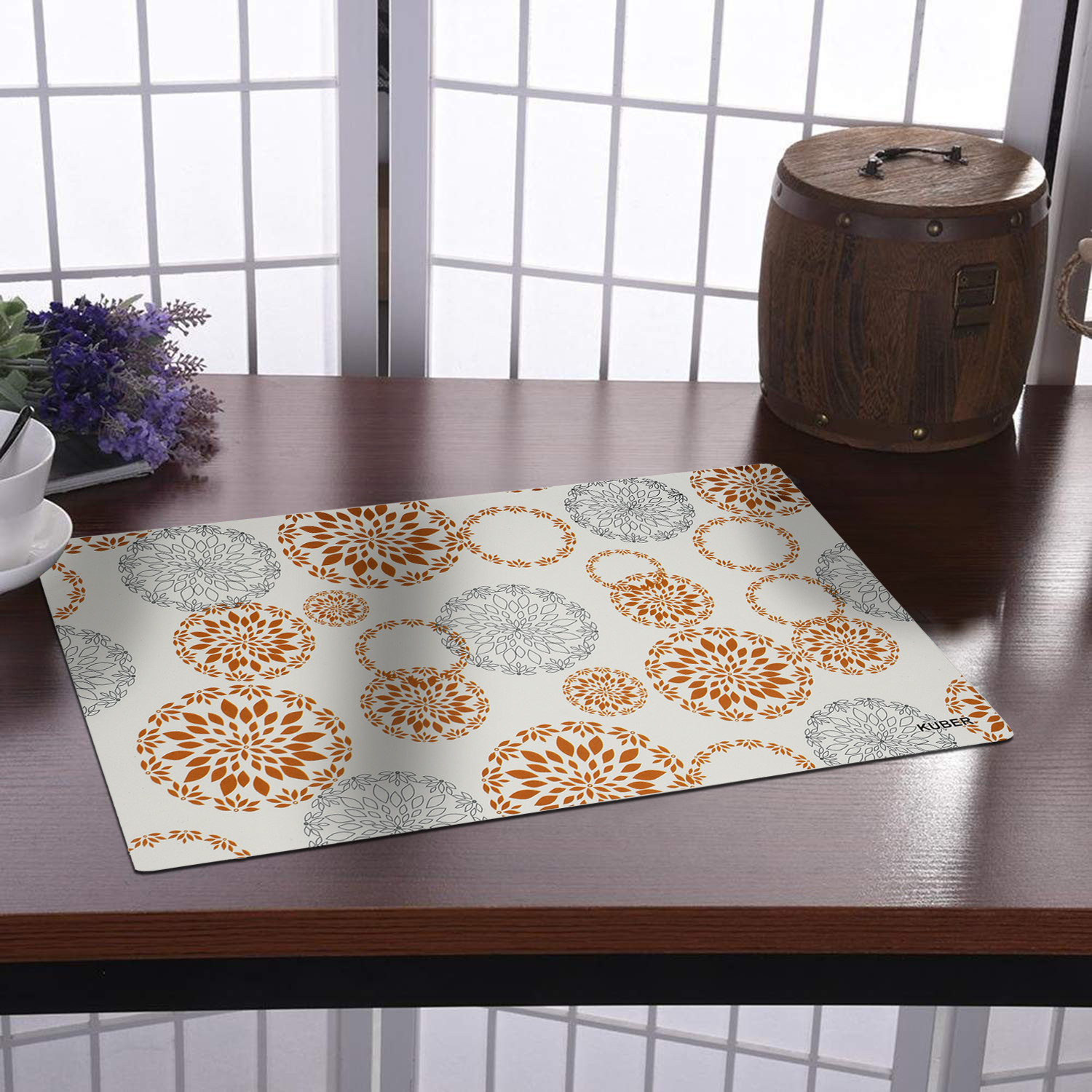 Kuber Industries Placemats Table Mats Non Slip Easy to Clean Wipeable Crossweave Woven PVC Washable Place Mats for Dining Kitchen Restaurant Table Set of 6, Rangoli,White