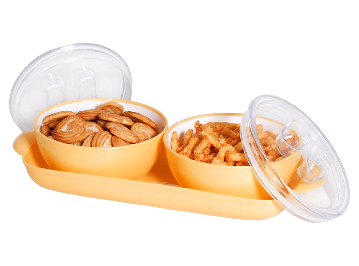 Kuber Industries Plastic 2 Bowls & 1 Tray Set For Serving & Store Dry Fruits, candies, Snacks With Silicon Rubberized Ring Lid (Autumn Orange)