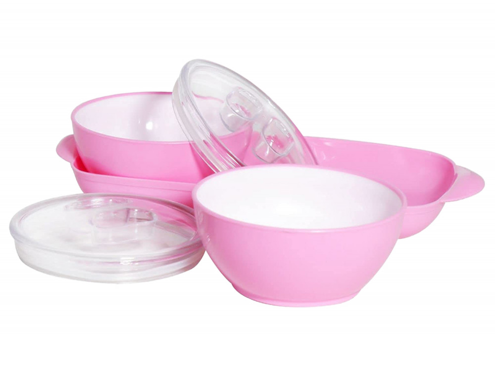 Kuber Industries Plastic 2 Bowls &amp; 1 Tray Set For Serving &amp; Store Dry Fruits, candies, Snacks With Silicon Rubberized Ring Lid (Pink)