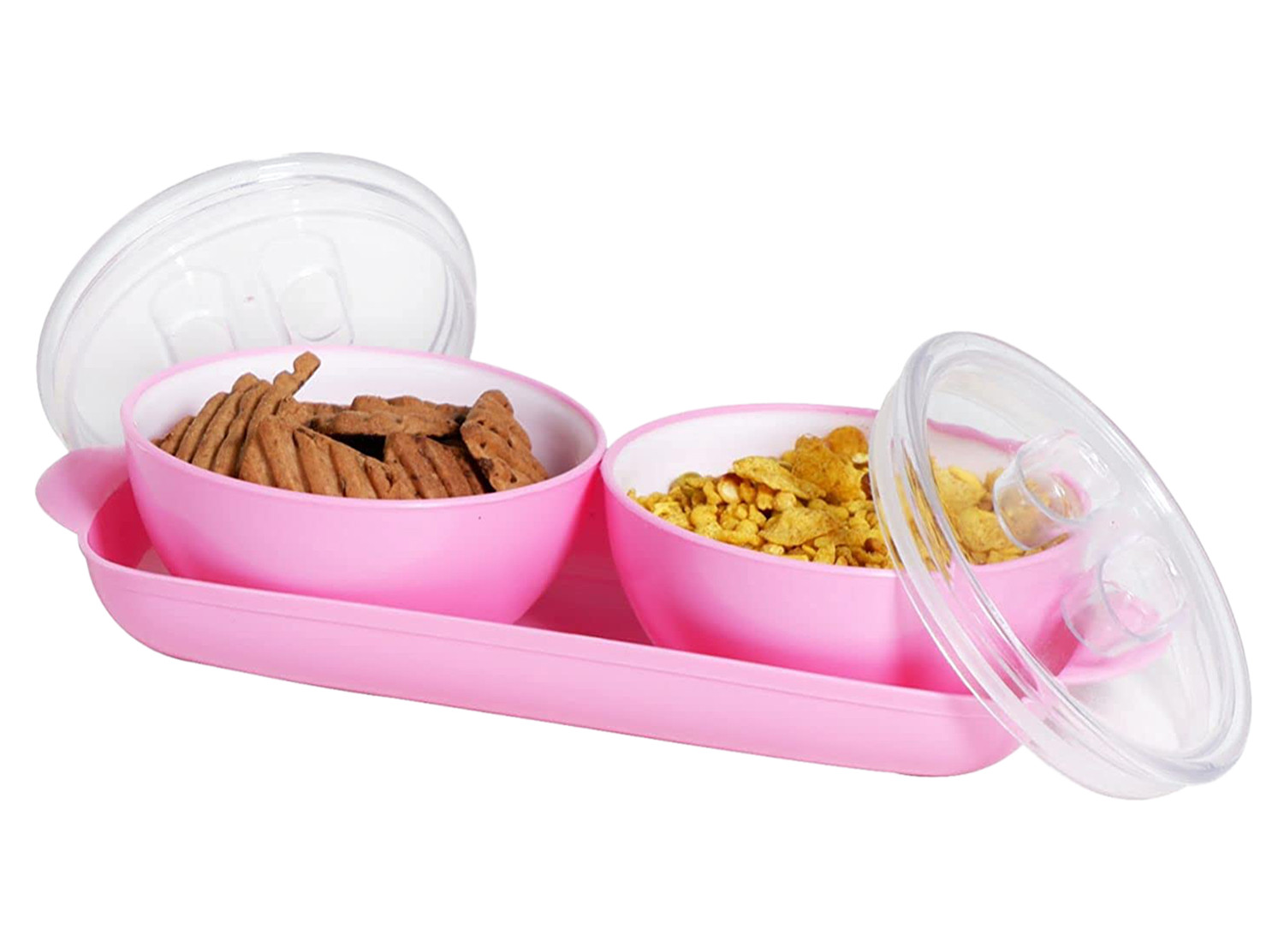 Kuber Industries Plastic 2 Bowls & 1 Tray Set For Serving & Store Dry Fruits, candies, Snacks With Silicon Rubberized Ring Lid (Pink)