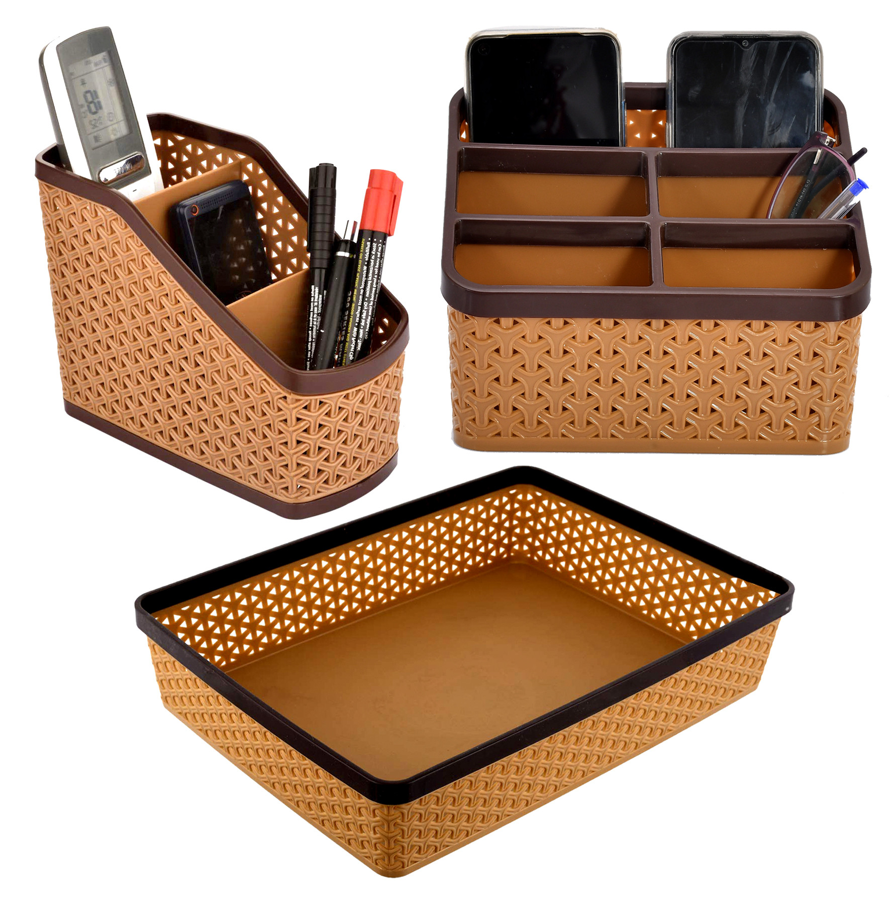 Kuber Industries Plastic 2 Pieces Small & Large Compact And 1 Piece Stationary Office Tray Desk Organizer Container(Set Of 3,Beige)-KUBMART3264