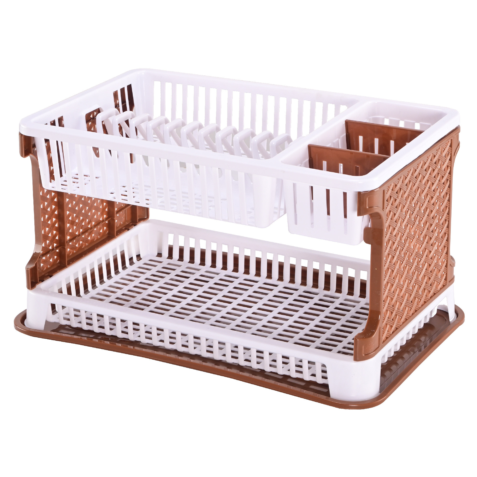 Kuber Industries Plastic 2 Tier Dish Drainer Rack for Kitchen  Kitchen Vessels Storage Rack  Bartan Stand  Drainer Drying Rack Washing Basket with Tray  Kitchen Utensils Organizer  Brown  White