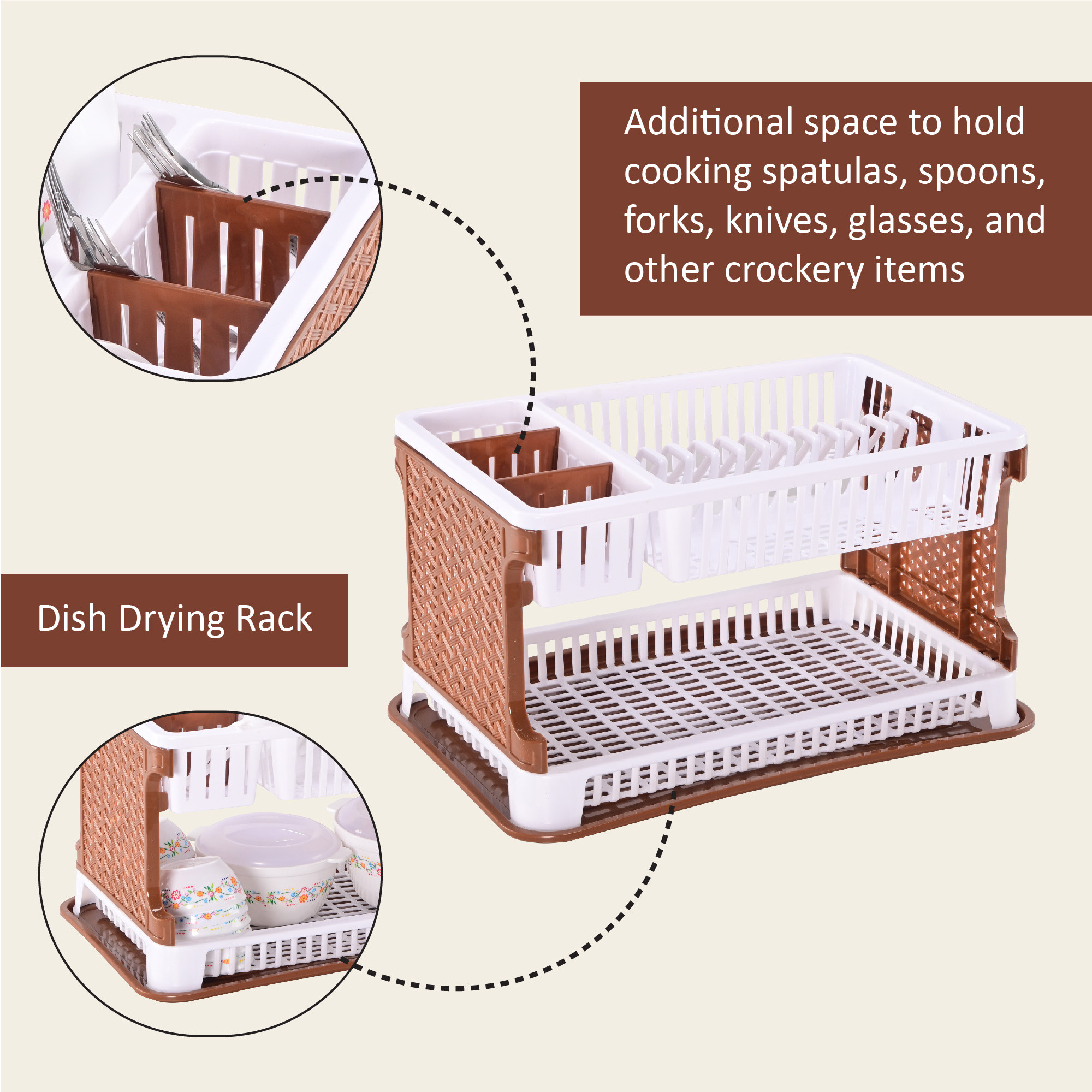Kuber Industries Plastic 2 Tier Dish Drainer Rack for Kitchen  Kitchen Vessels Storage Rack  Bartan Stand  Drainer Drying Rack Washing Basket with Tray  Kitchen Utensils Organizer  Brown  White