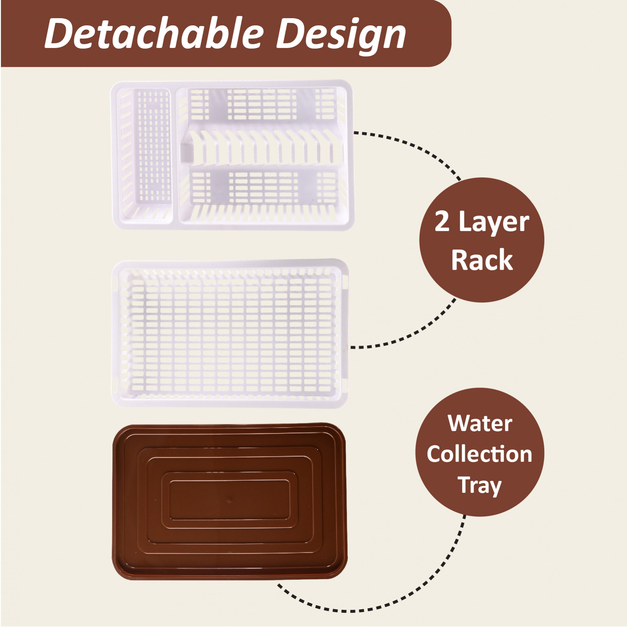 Kuber Industries Plastic 2 Tier Dish Drainer Rack for Kitchen  Kitchen Vessels Storage Rack  Bartan Stand  Drainer Drying Rack Washing Basket with Tray  Kitchen Utensils Organizer  Brown  White