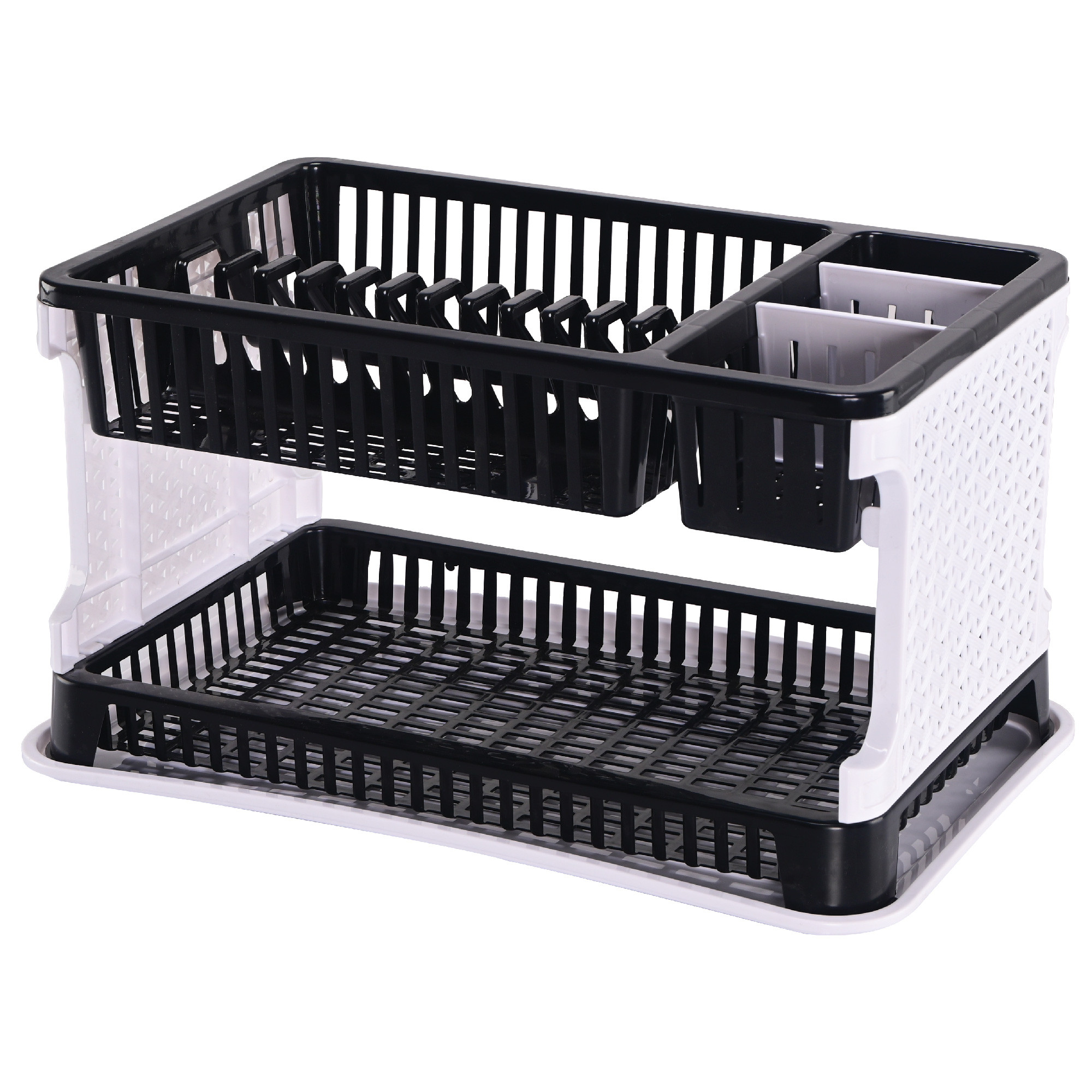 Kuber Industries Plastic 2 Tier Dish Drainer Rack for Kitchen  Kitchen Vessels Storage Rack  Bartan Stand  Drainer Drying Rack Washing Basket with Tray  Kitchen Utensils Organizer  Black  White