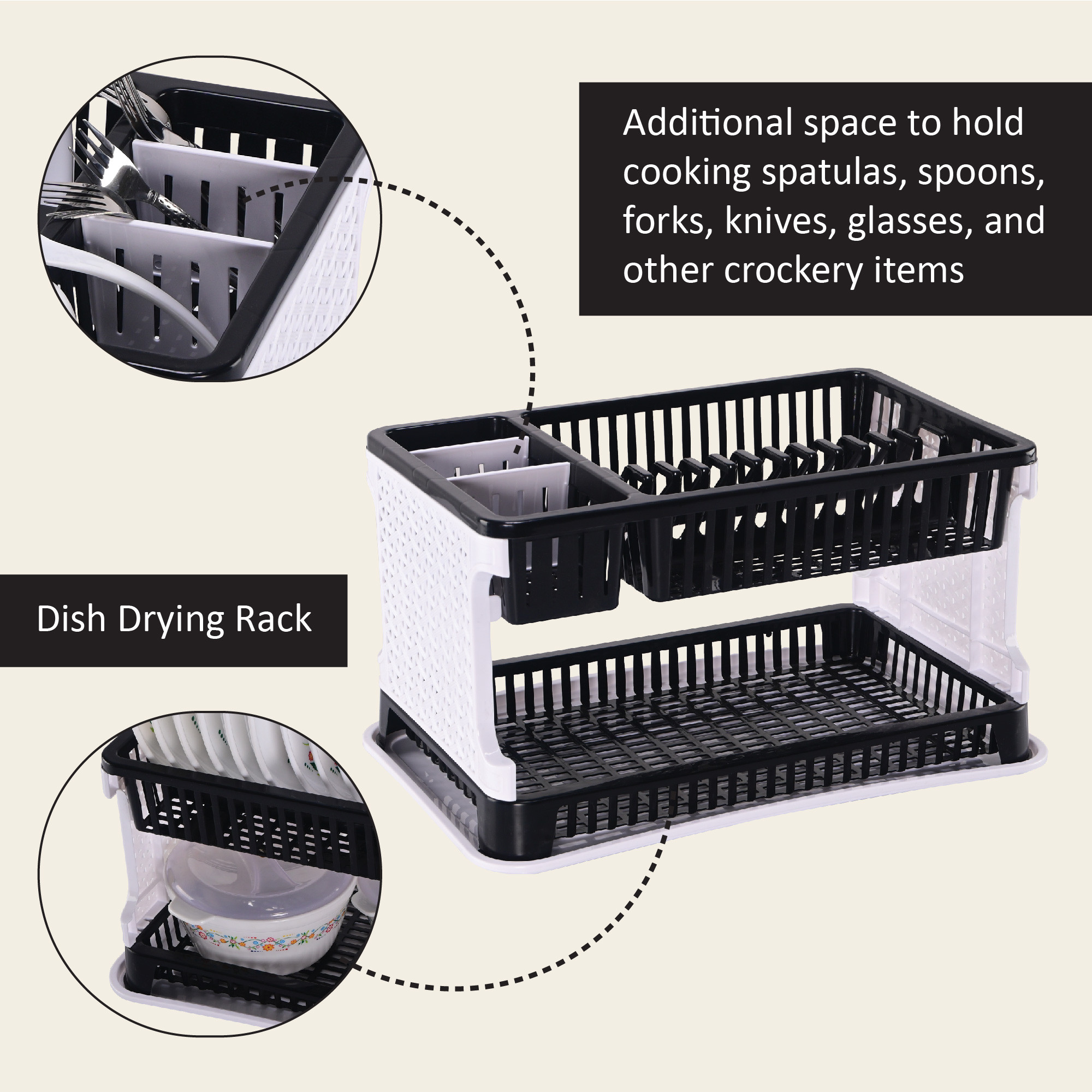 Kuber Industries Plastic 2 Tier Dish Drainer Rack for Kitchen  Kitchen Vessels Storage Rack  Bartan Stand  Drainer Drying Rack Washing Basket with Tray  Kitchen Utensils Organizer  Black  White
