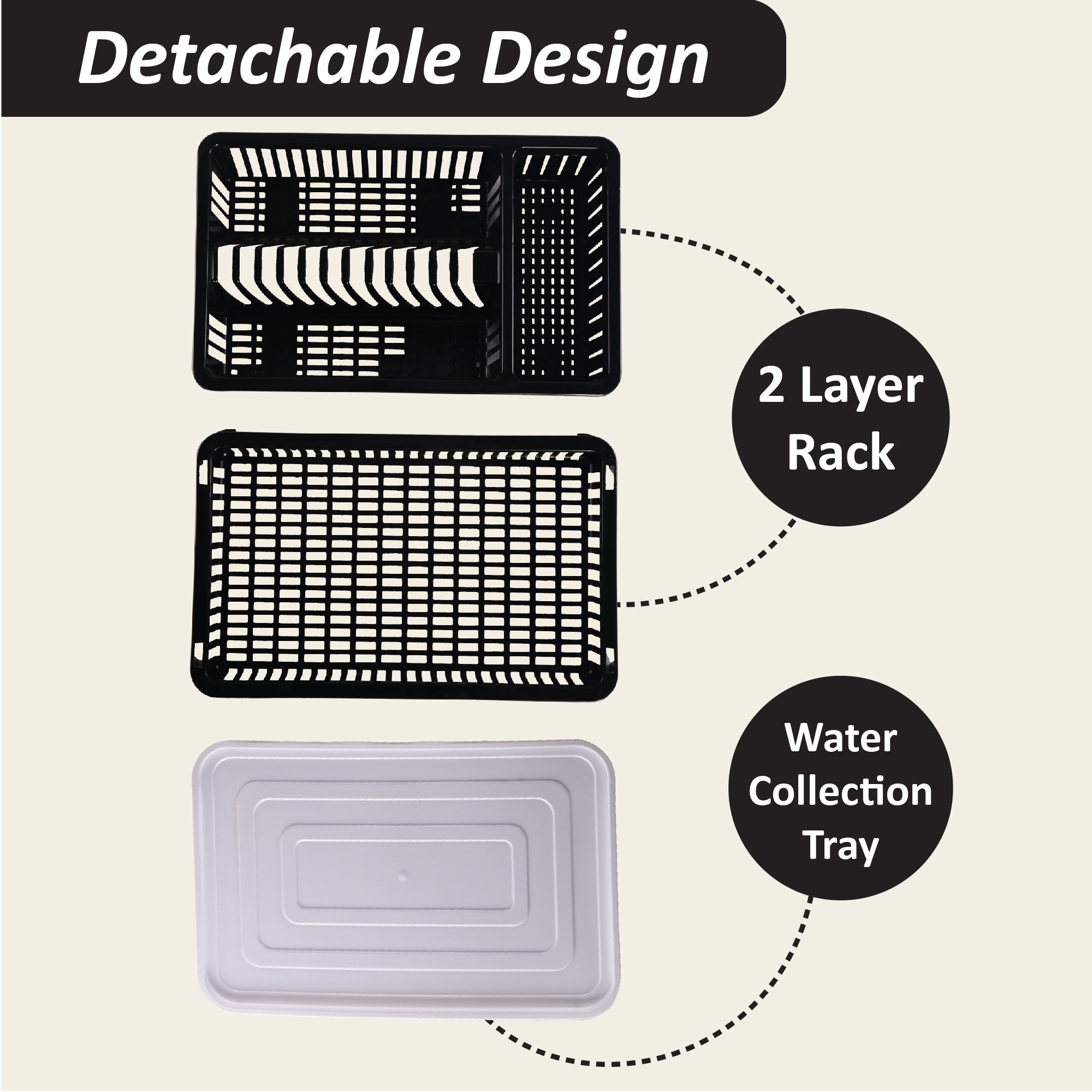 Kuber Industries Plastic 2 Tier Dish Drainer Rack for Kitchen  Kitchen Vessels Storage Rack  Bartan Stand  Drainer Drying Rack Washing Basket with Tray  Kitchen Utensils Organizer  Black  White
