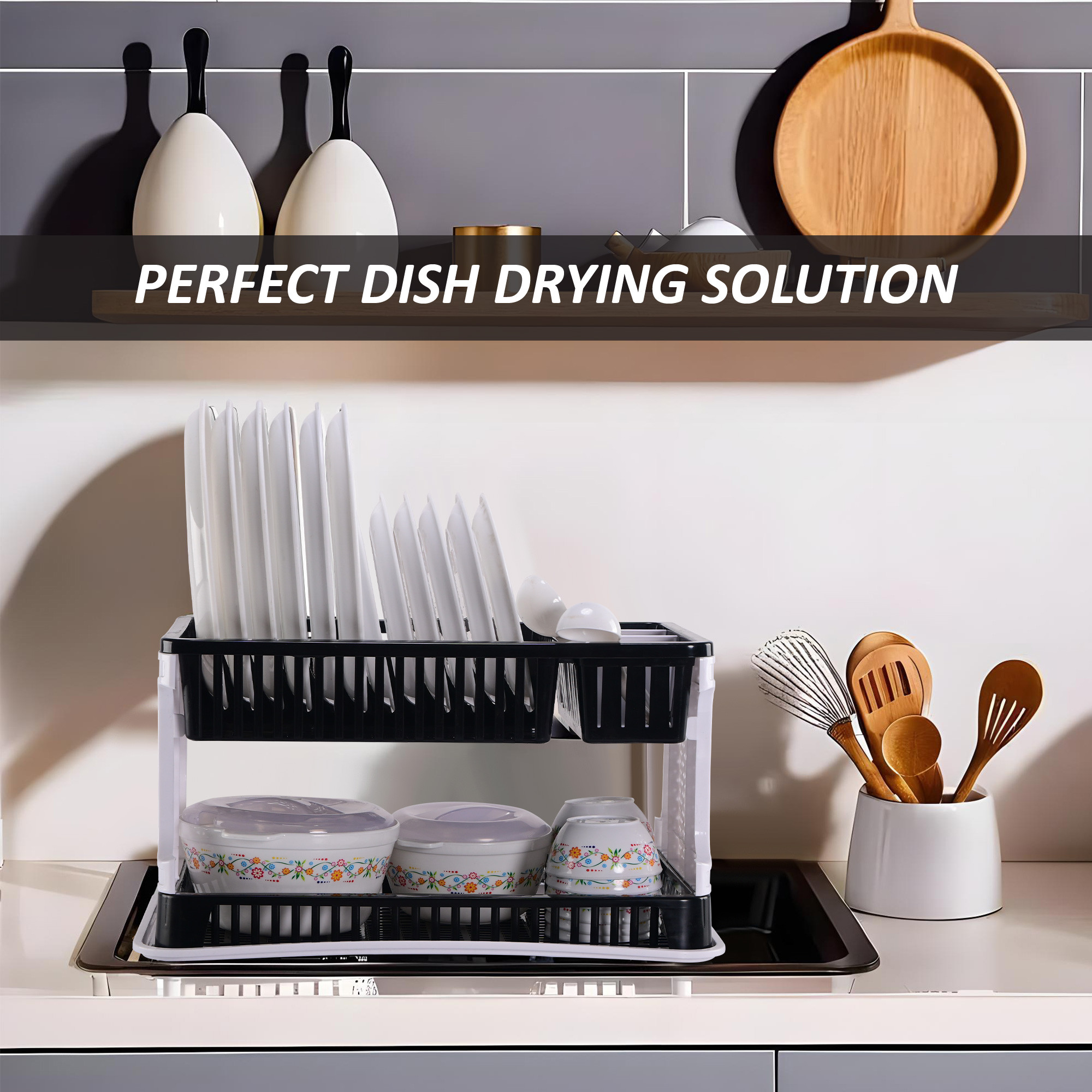 Kuber Industries Plastic 2 Tier Dish Drainer Rack for Kitchen  Kitchen Vessels Storage Rack  Bartan Stand  Drainer Drying Rack Washing Basket with Tray  Kitchen Utensils Organizer  Black  White