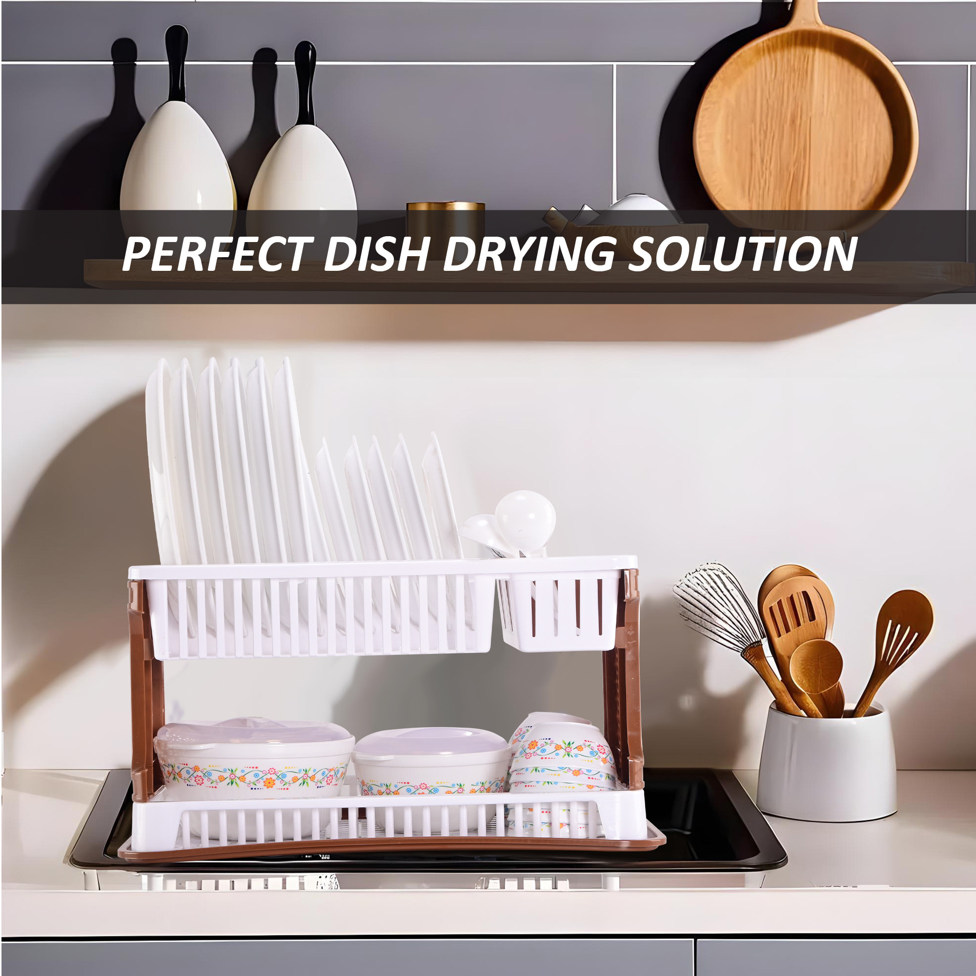 Kuber Industries Plastic 2 Tier Dish Drainer Rack for Kitchen  Kitchen Vessels Storage Rack  Bartan Stand  Drainer Drying Rack Washing Basket with Tray  Kitchen Utensils Organizer  Brown  White