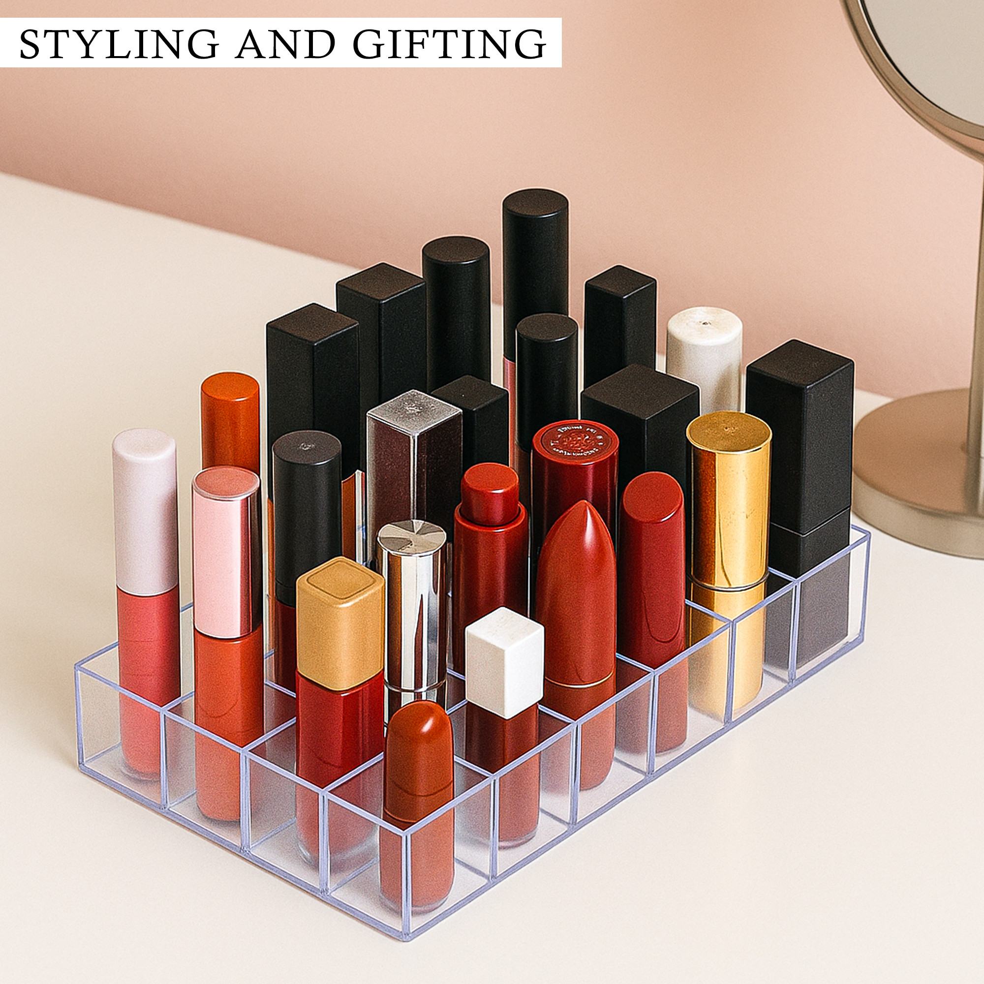 Kuber Industries Plastic 24 Compartment Lipstick Organizer  Multipurpose Gloss Makeup Storage Case Holder  Cosmetic Shelf Tool  Nail Paint Tray for Dressing Table  Transparent