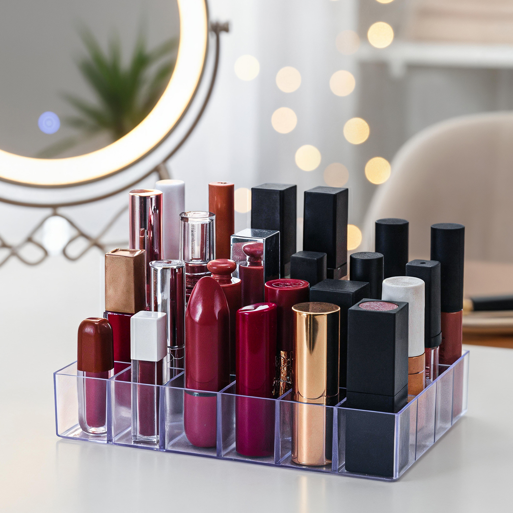 Kuber Industries Plastic 24 Compartment Lipstick Organizer  Multipurpose Gloss Makeup Storage Case Holder  Cosmetic Shelf Tool  Nail Paint Tray for Dressing Table  Transparent