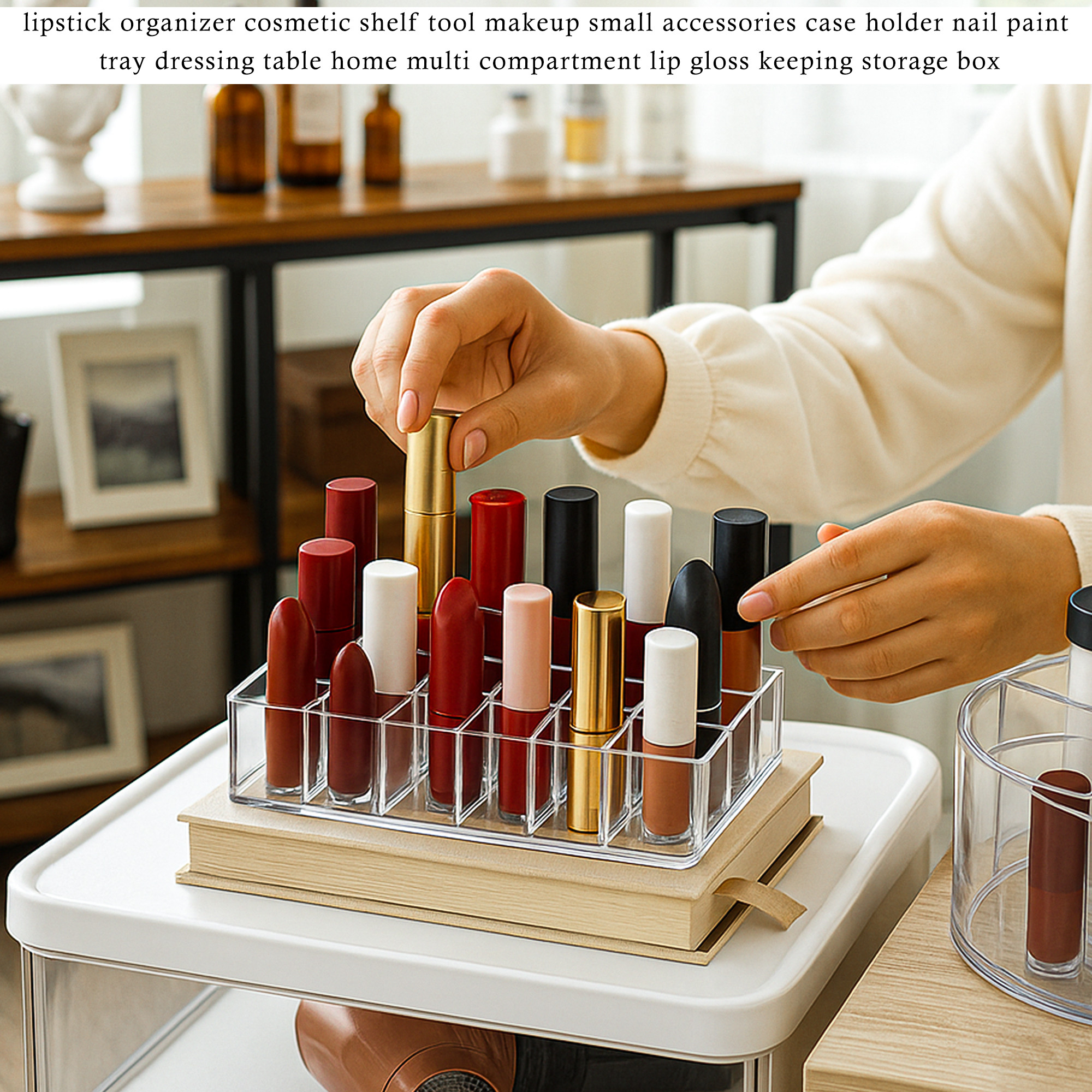 Kuber Industries Plastic 24 Compartment Lipstick Organizer  Multipurpose Gloss Makeup Storage Case Holder  Cosmetic Shelf Tool  Nail Paint Tray for Dressing Table  Transparent