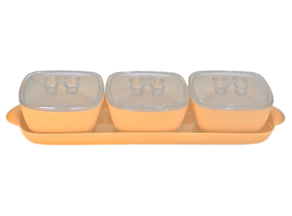 Kuber Industries Plastic 3 Bowls &amp; 1 Tray Set For Serving &amp; Store Dry Fruits, candies, Snacks With Silicon Rubberized Ring Lid (Autumn Orange)