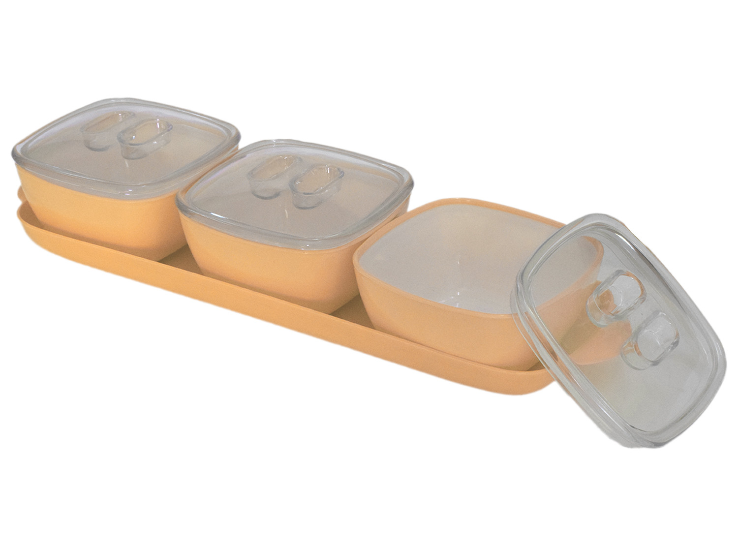Kuber Industries Plastic 3 Bowls & 1 Tray Set For Serving & Store Dry Fruits, candies, Snacks With Silicon Rubberized Ring Lid (Autumn Orange)