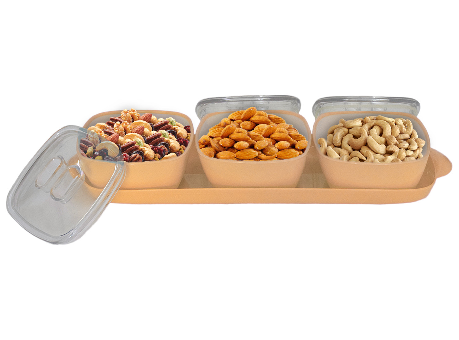 Kuber Industries Plastic 3 Bowls & 1 Tray Set For Serving & Store Dry Fruits, candies, Snacks With Silicon Rubberized Ring Lid (Autumn Orange)