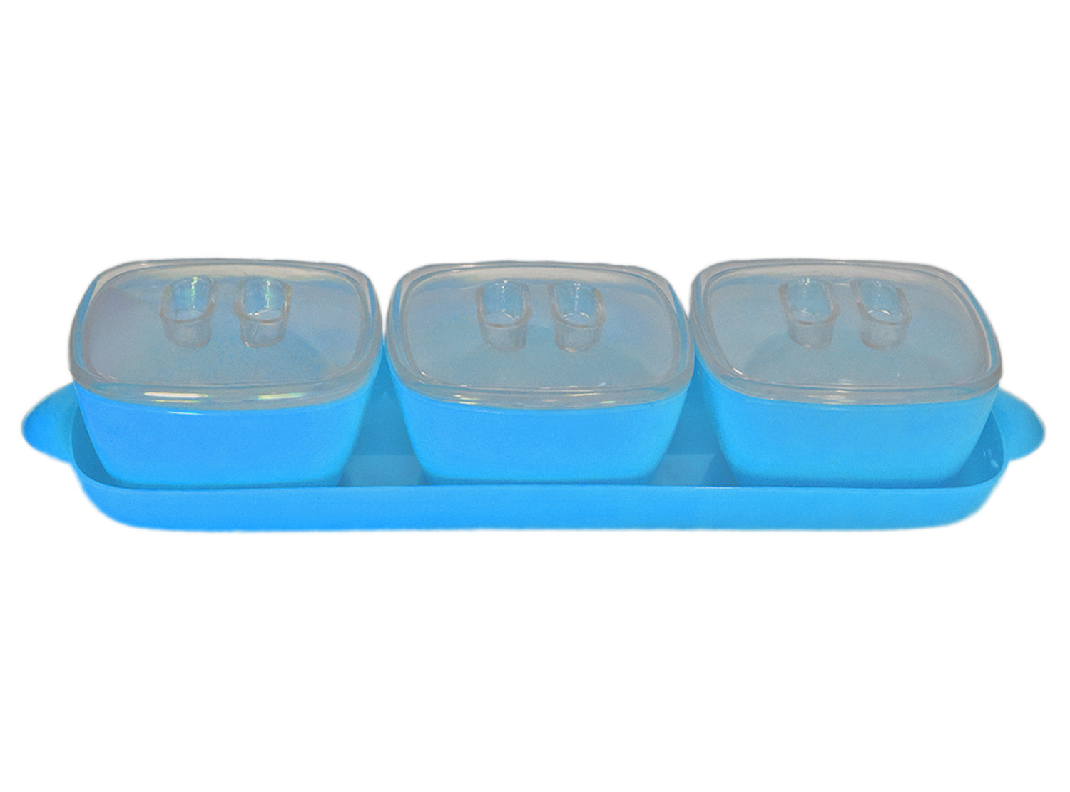 Kuber Industries Plastic 3 Bowls & 1 Tray Set For Serving & Store Dry Fruits, candies, Snacks With Silicon Rubberized Ring Lid (Blue)