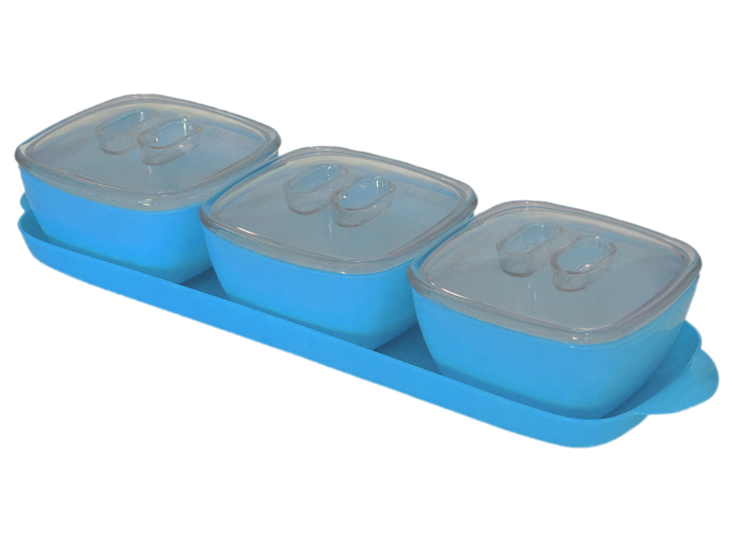 Kuber Industries Plastic 3 Bowls & 1 Tray Set For Serving & Store Dry Fruits, candies, Snacks With Silicon Rubberized Ring Lid (Blue)