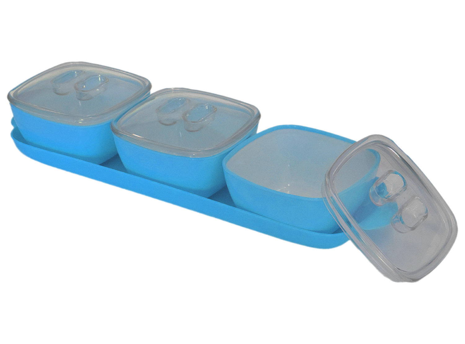 Kuber Industries Plastic 3 Bowls & 1 Tray Set For Serving & Store Dry Fruits, candies, Snacks With Silicon Rubberized Ring Lid (Blue)