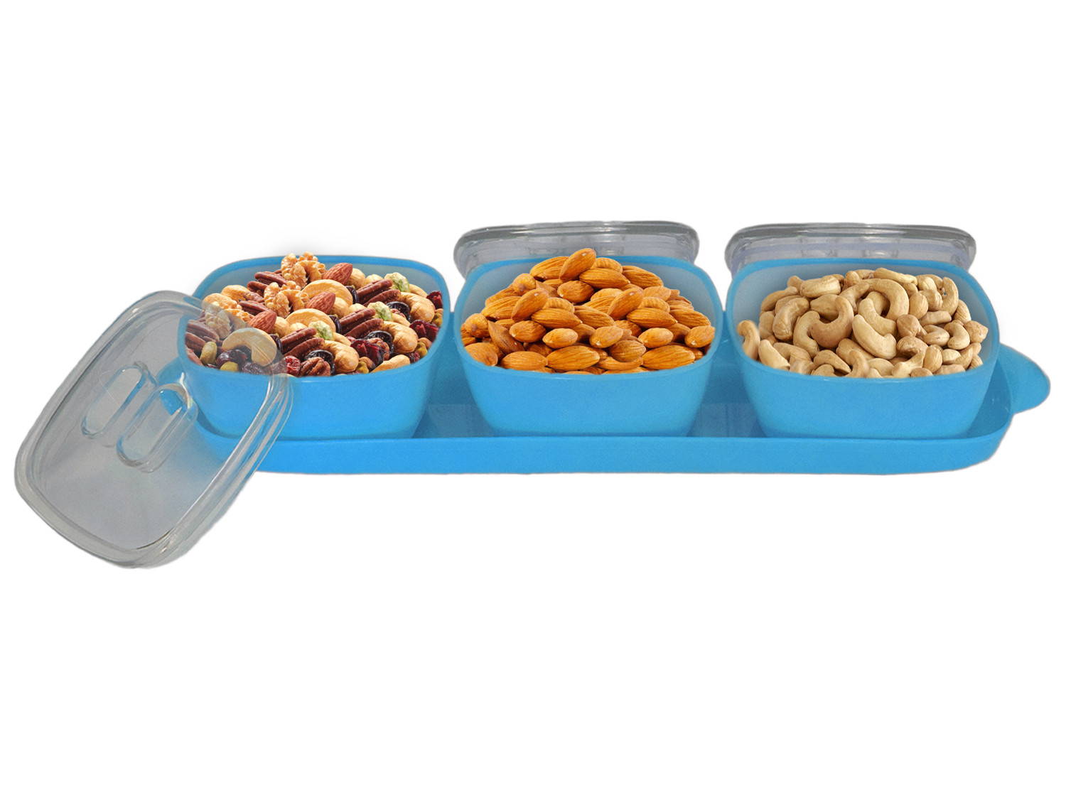 Kuber Industries Plastic 3 Bowls & 1 Tray Set For Serving & Store Dry Fruits, candies, Snacks With Silicon Rubberized Ring Lid (Blue)