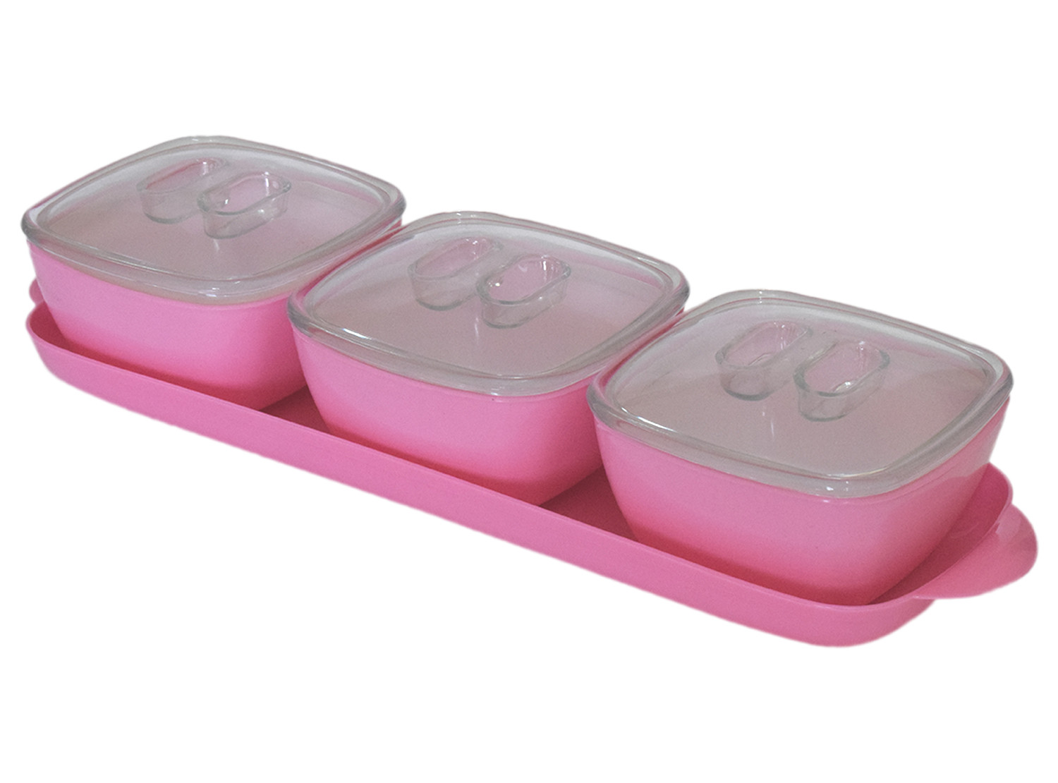 Kuber Industries Plastic 3 Bowls & 1 Tray Set For Serving & Store Dry Fruits, candies, Snacks With Silicon Rubberized Ring Lid (Pink)