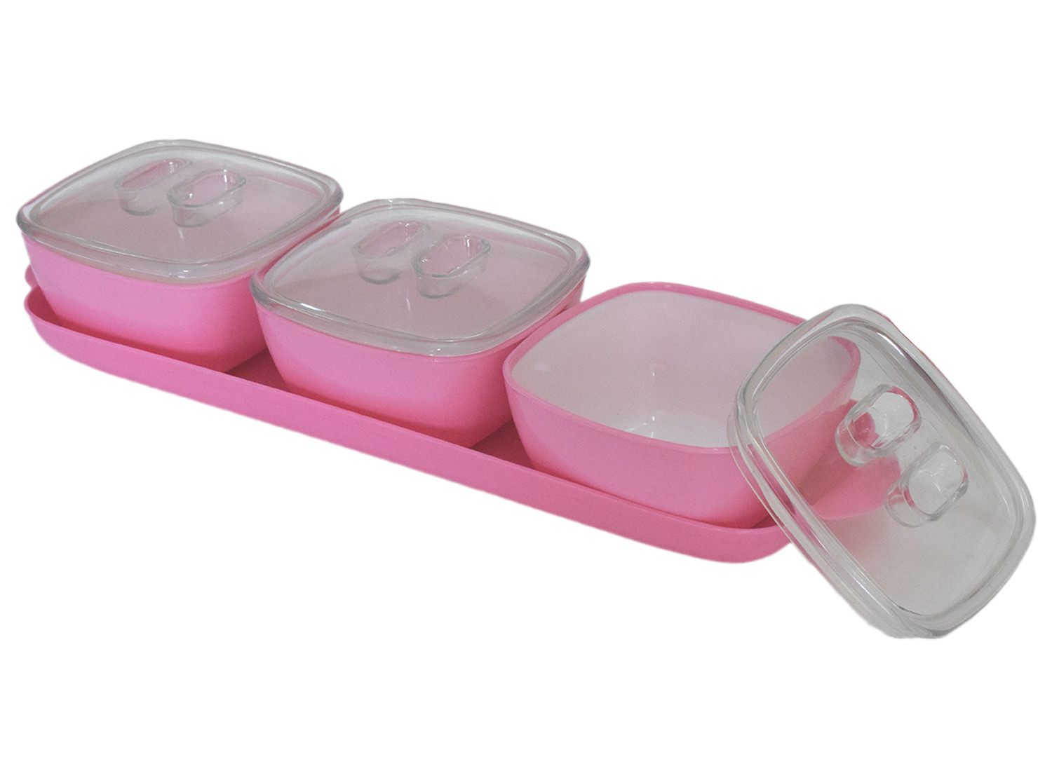 Kuber Industries Plastic 3 Bowls & 1 Tray Set For Serving & Store Dry Fruits, candies, Snacks With Silicon Rubberized Ring Lid (Pink)