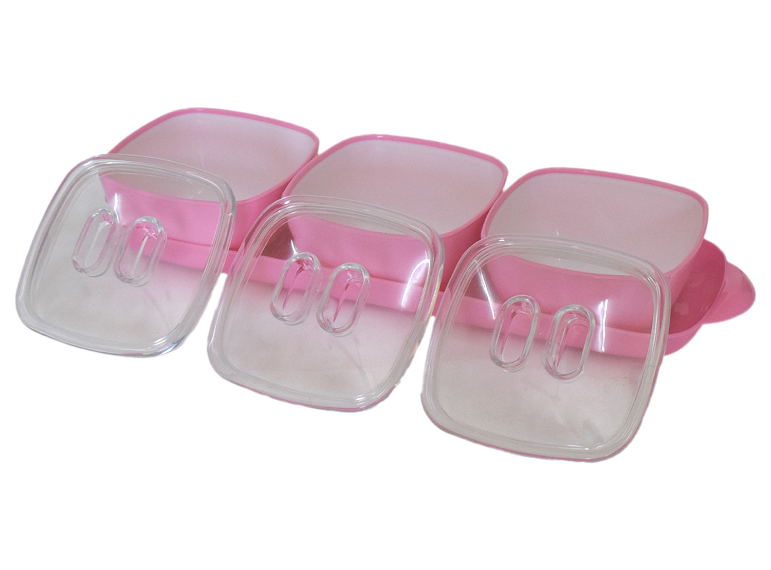 Kuber Industries Plastic 3 Bowls & 1 Tray Set For Serving & Store Dry Fruits, candies, Snacks With Silicon Rubberized Ring Lid (Pink)