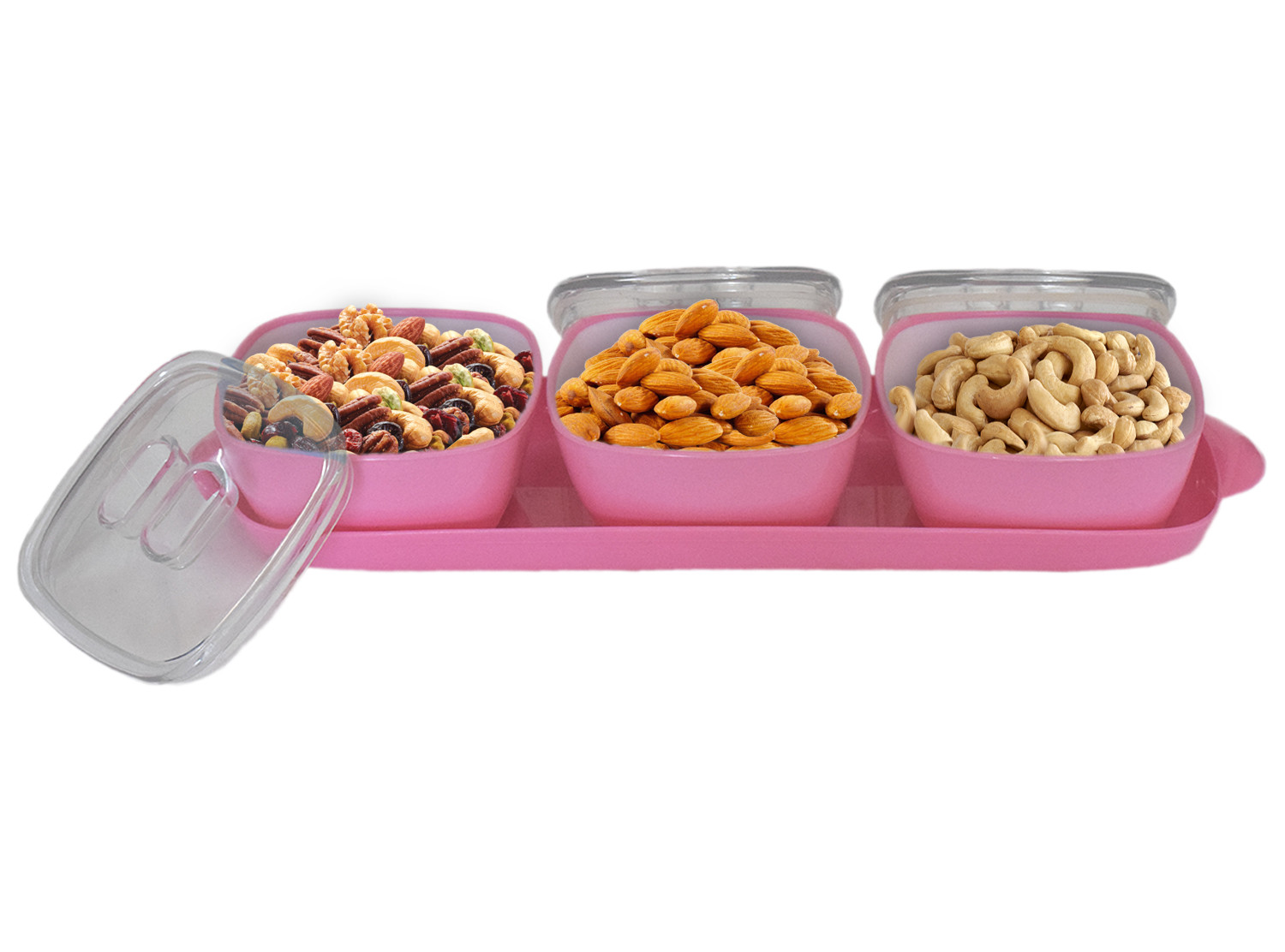 Kuber Industries Plastic 3 Bowls & 1 Tray Set For Serving & Store Dry Fruits, candies, Snacks With Silicon Rubberized Ring Lid (Pink)