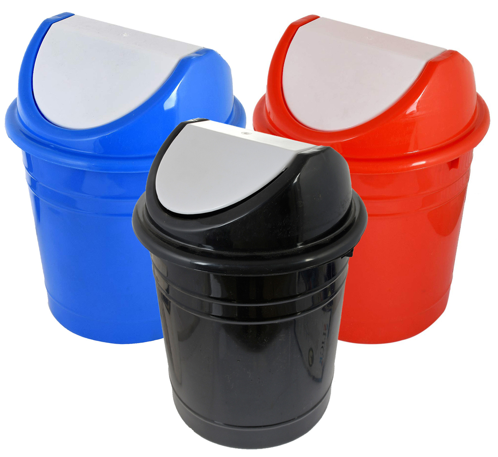 Kuber Industries Plastic 3 Pieces Medium Size Swing Dustbin/ Swing Garbage Bin/ Waste Bin, 10 Liters (Black & Blue & Red)