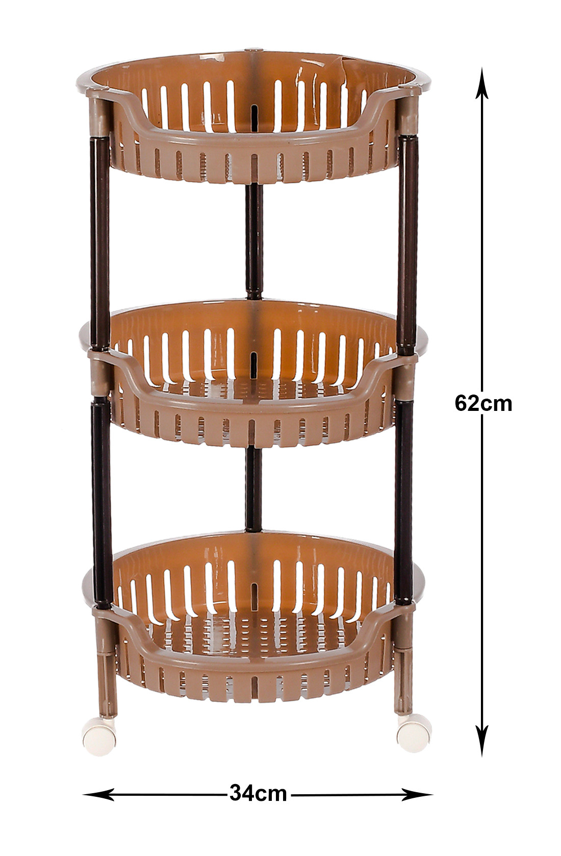 Kuber Industries Plastic 3-Tier Multi-Purpose Round Rolling Storage Cart Organizer Shelf Rack With Wheels (Brown) -46KM0555