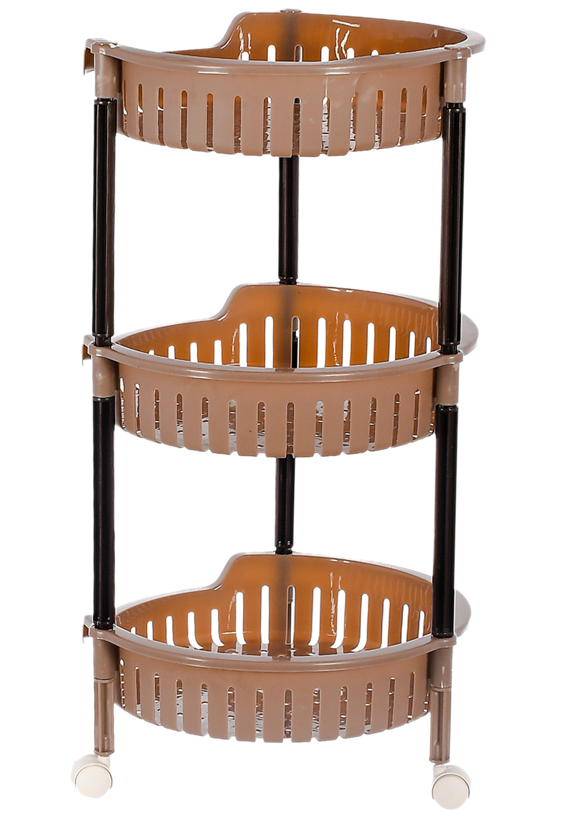 Kuber Industries Plastic 3-Tier Multi-Purpose Round Rolling Storage Cart Organizer Shelf Rack With Wheels (Brown) -46KM0555