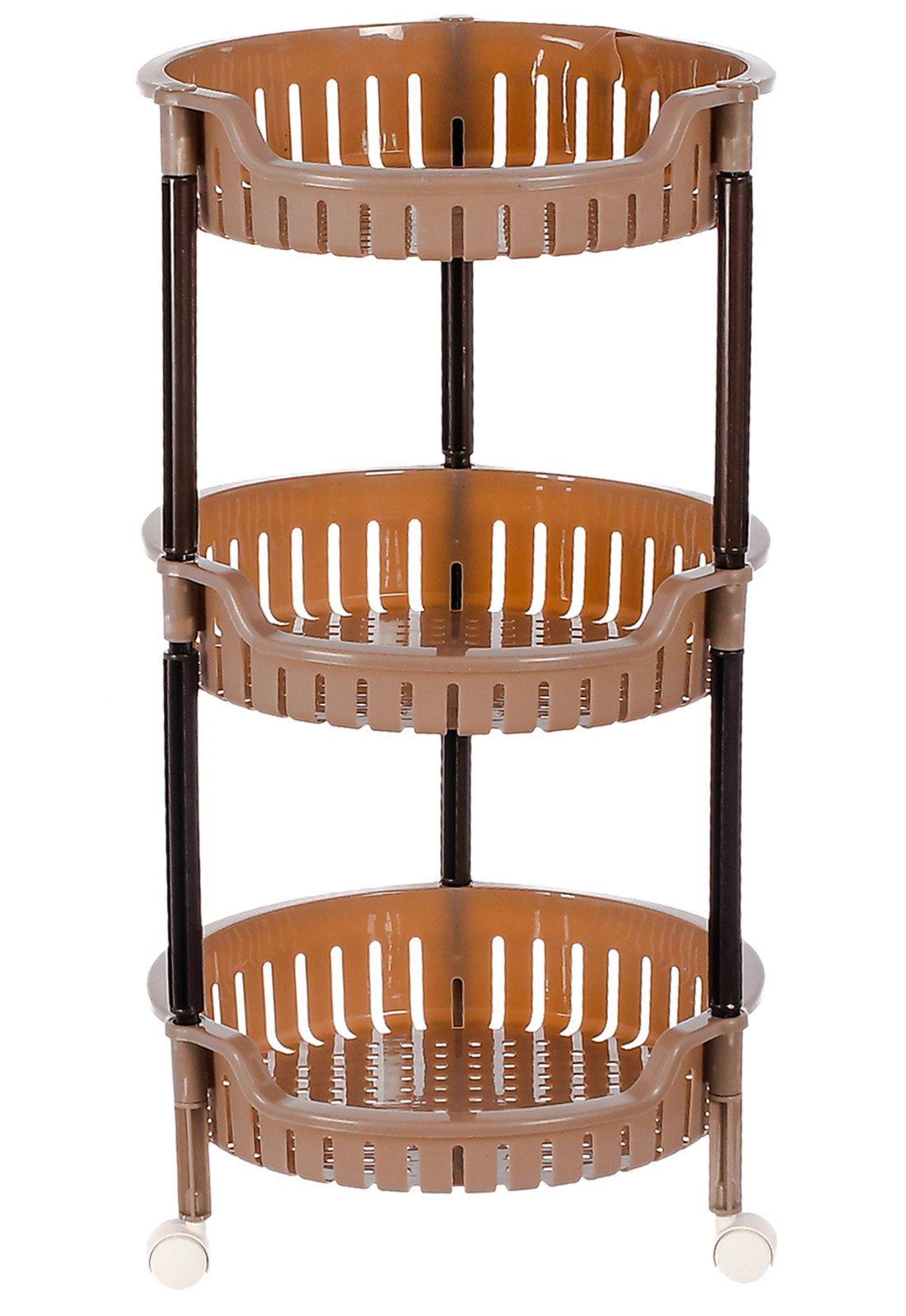 Kuber Industries Plastic 3-Tier Multi-Purpose Round Rolling Storage Cart Organizer Shelf Rack With Wheels (Brown) -46KM0555