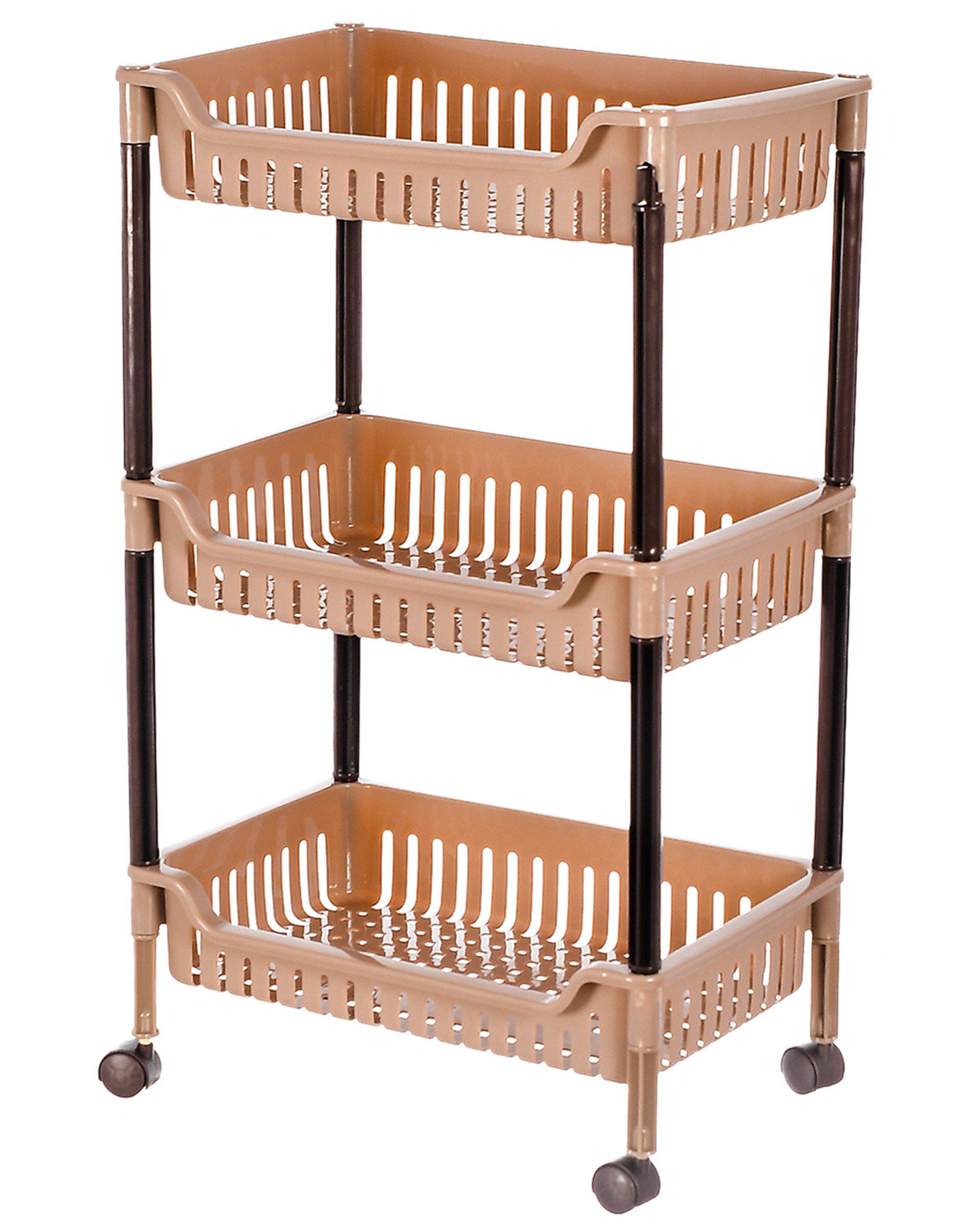 Kuber Industries Plastic 3-Tier Multi-Purpose Square Rolling Storage Cart Organizer Shelf Rack With Wheels (Brown) -46KM0559