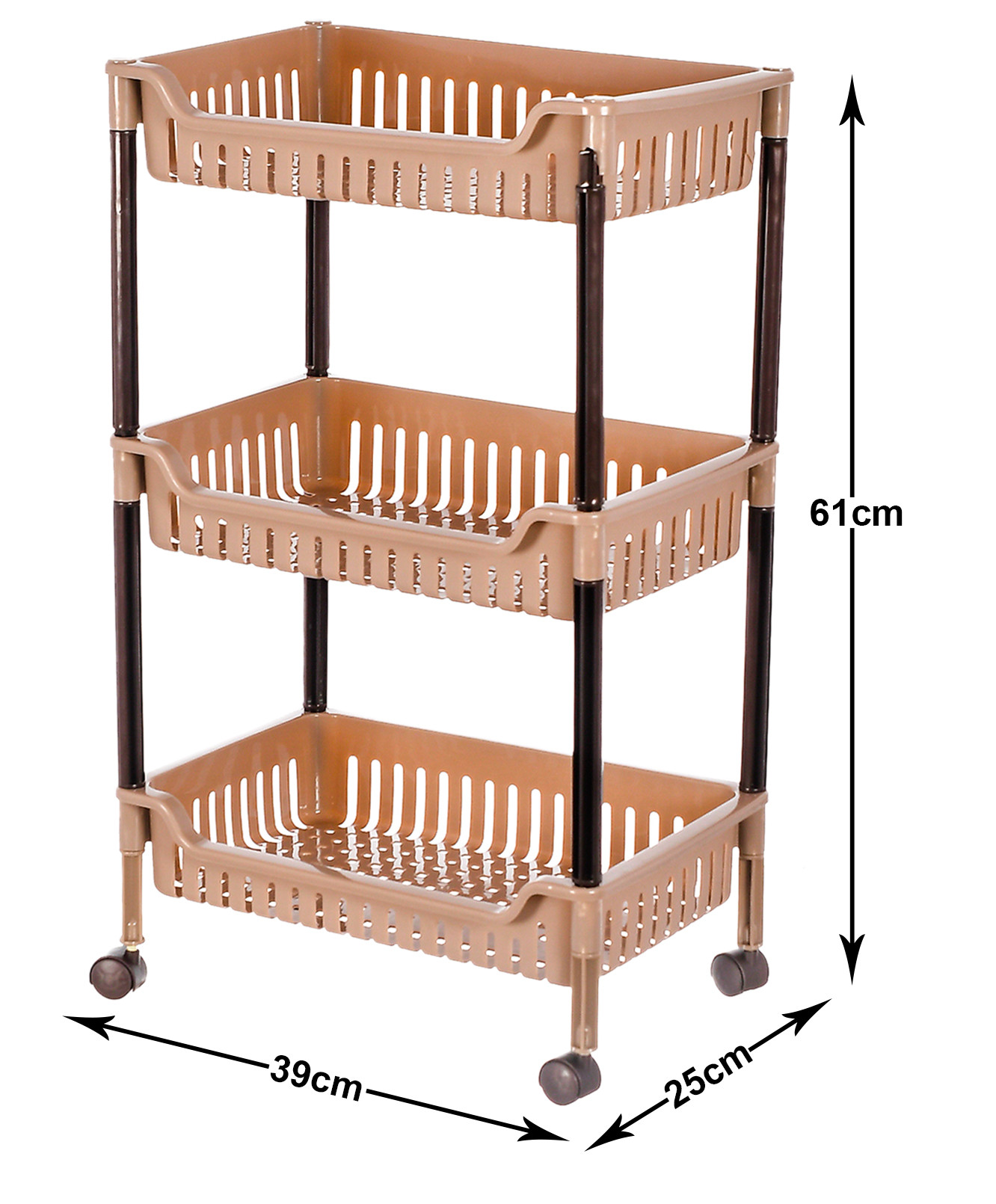 Kuber Industries Plastic 3-Tier Multi-Purpose Square Rolling Storage Cart Organizer Shelf Rack With Wheels (Brown) -46KM0559