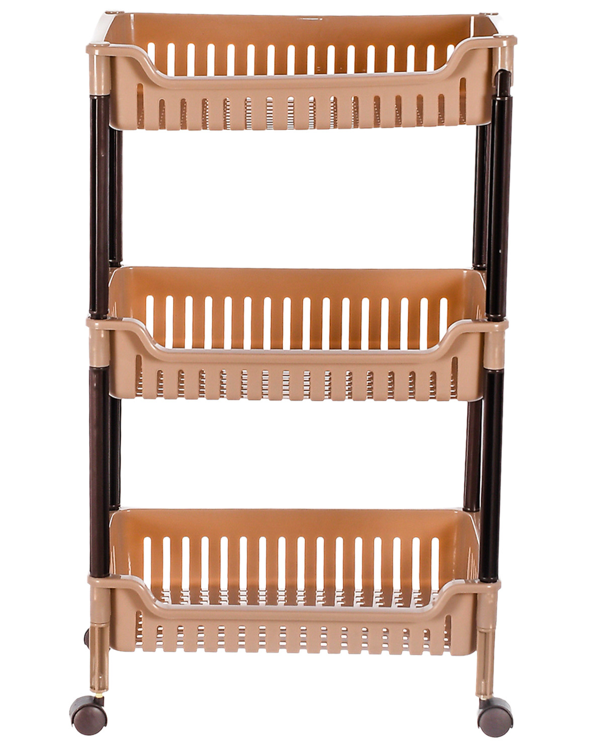 Kuber Industries Plastic 3-Tier Multi-Purpose Square Rolling Storage Cart Organizer Shelf Rack With Wheels (Brown) -46KM0559