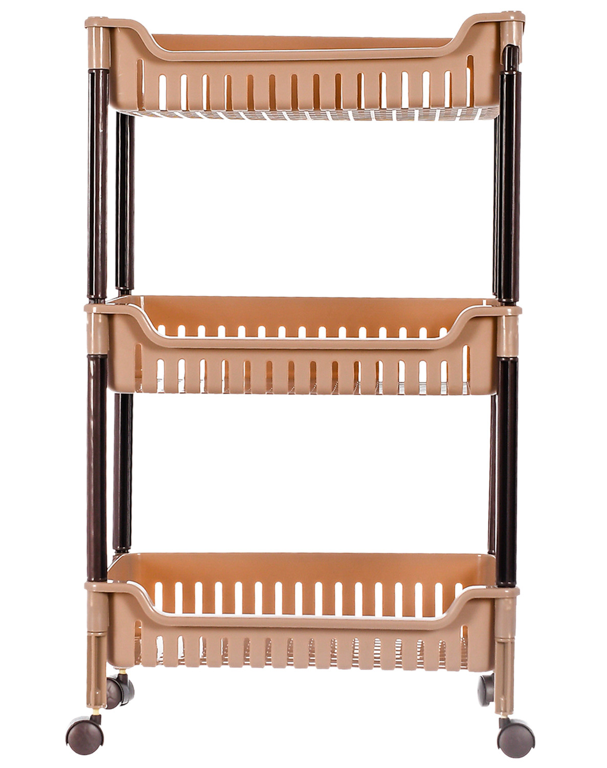 Kuber Industries Plastic 3-Tier Multi-Purpose Square Rolling Storage Cart Organizer Shelf Rack With Wheels (Brown) -46KM0559