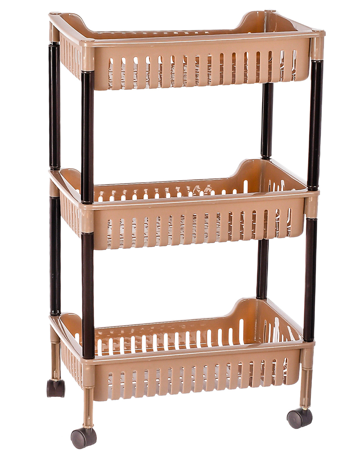 Kuber Industries Plastic 3-Tier Multi-Purpose Square Rolling Storage Cart Organizer Shelf Rack With Wheels (Brown) -46KM0559