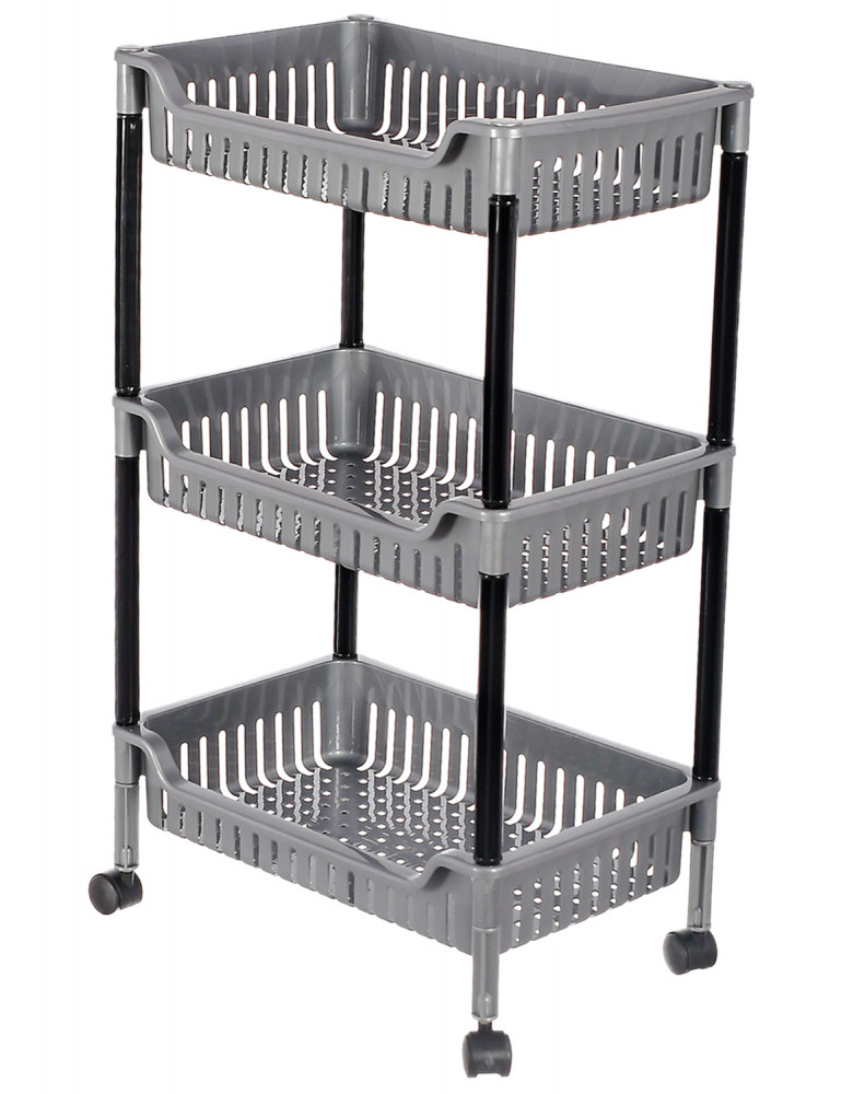 Kuber Industries Plastic 3-Tier Multi-Purpose Square Rolling Storage Cart Organizer Shelf Rack With Wheels (Grey) -46KM0561